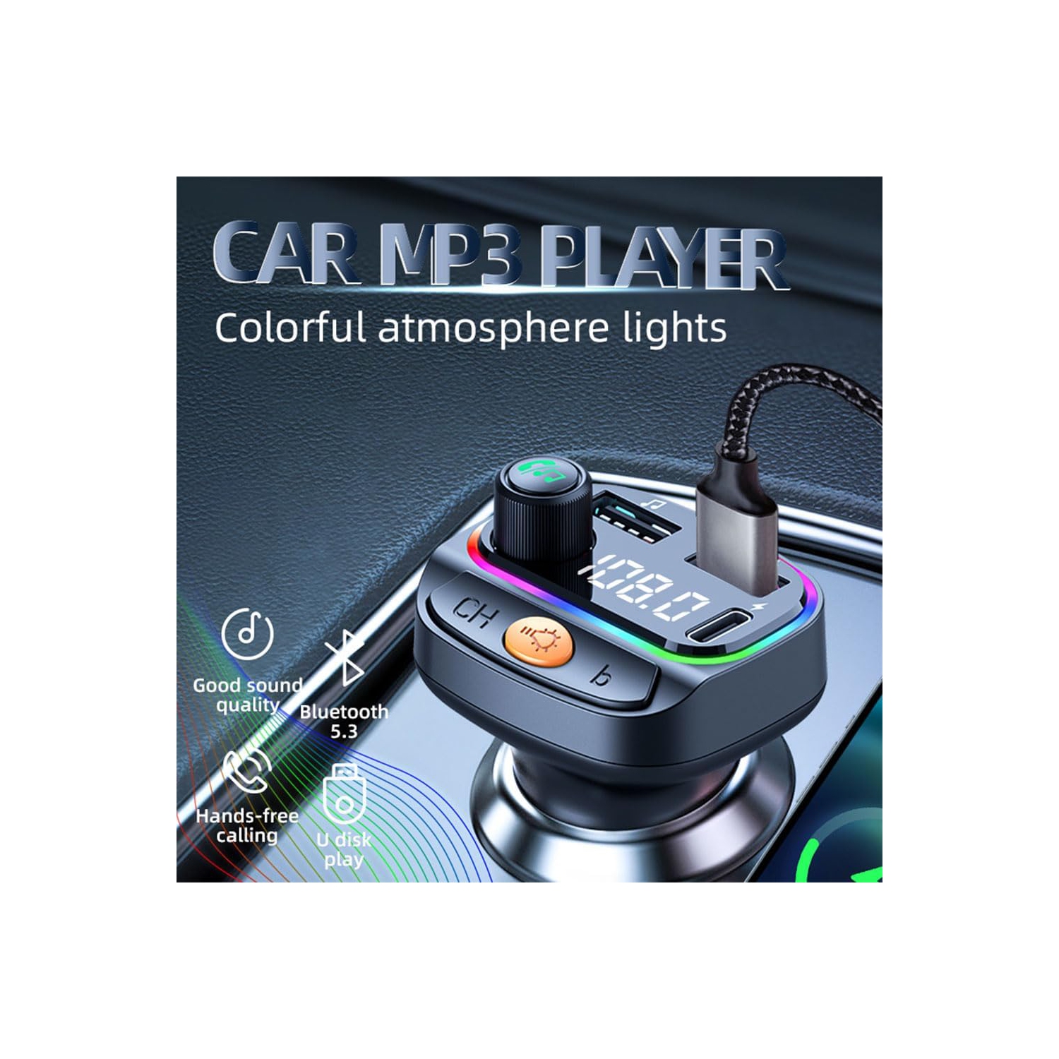 Fm Transmitter for Car, Mp3 Player Handsfree Audio Receiver with USB Charging Audio Adapter Receiver/7 Colors LED Backlit