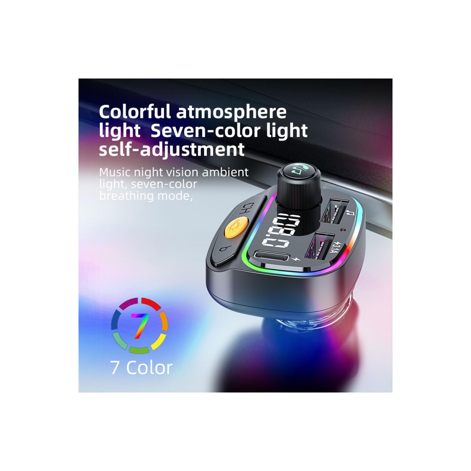 Fm Transmitter for Car, Mp3 Player Handsfree Audio Receiver with USB Charging Audio Adapter Receiver/7 Colors LED Backlit