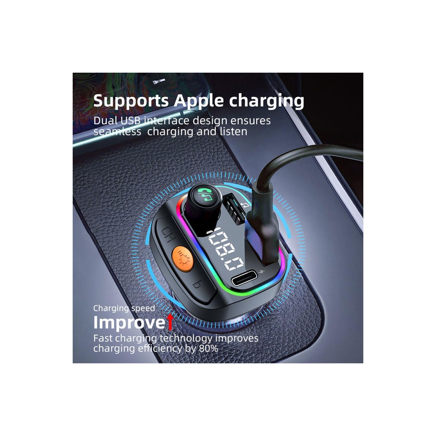 Fm Transmitter for Car, Mp3 Player Handsfree Audio Receiver with USB Charging Audio Adapter Receiver/7 Colors LED Backlit