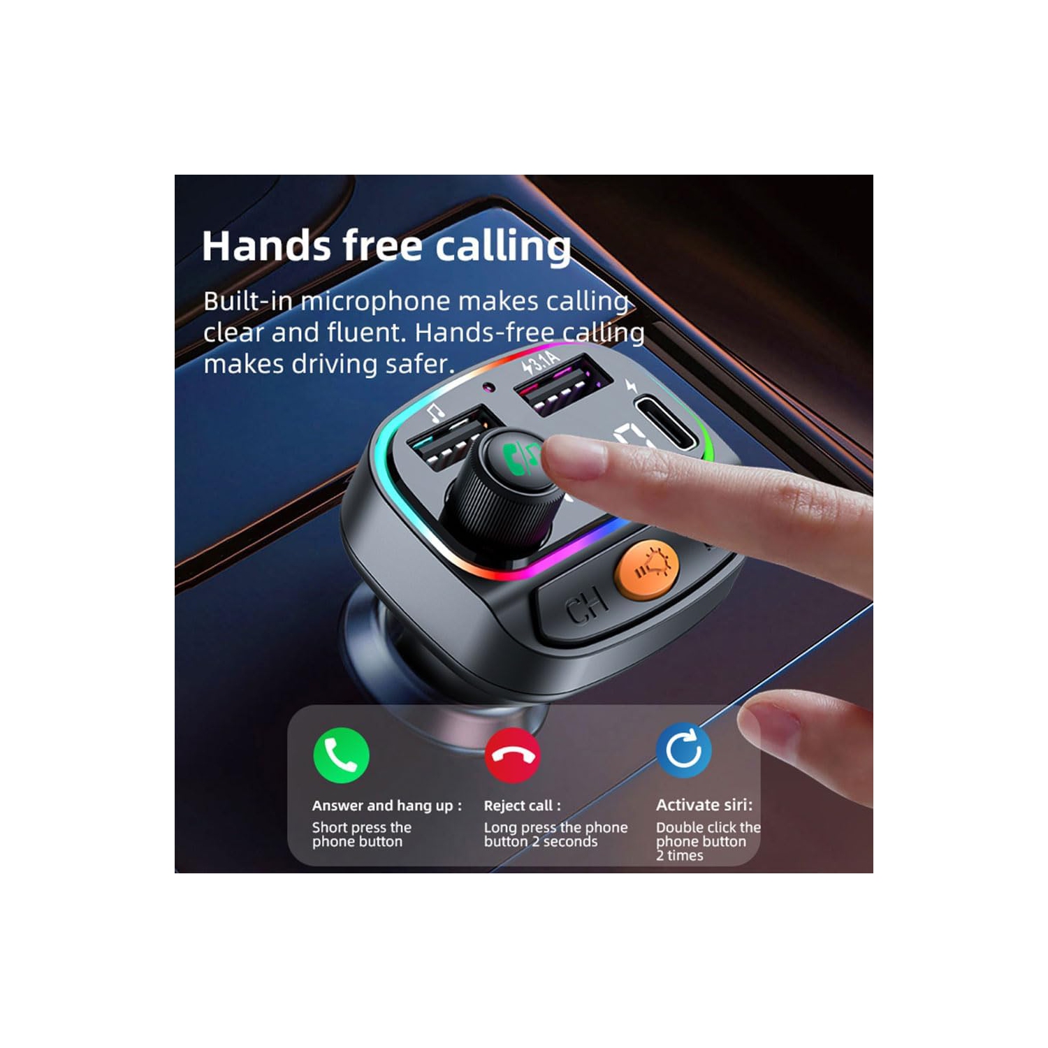 Fm Transmitter for Car, Mp3 Player Handsfree Audio Receiver with USB Charging Audio Adapter Receiver/7 Colors LED Backlit