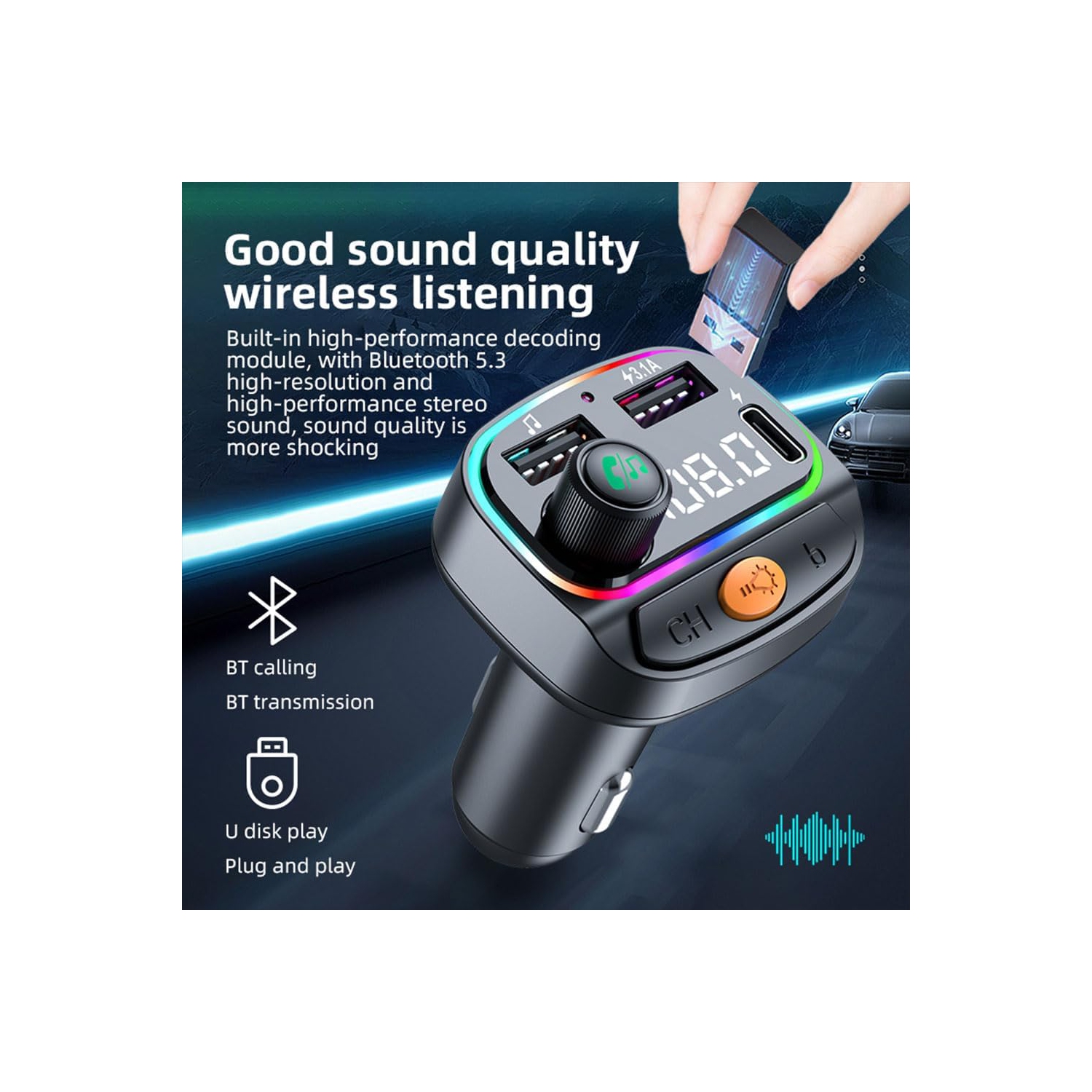 Fm Transmitter for Car, Mp3 Player Handsfree Audio Receiver with USB Charging Audio Adapter Receiver/7 Colors LED Backlit