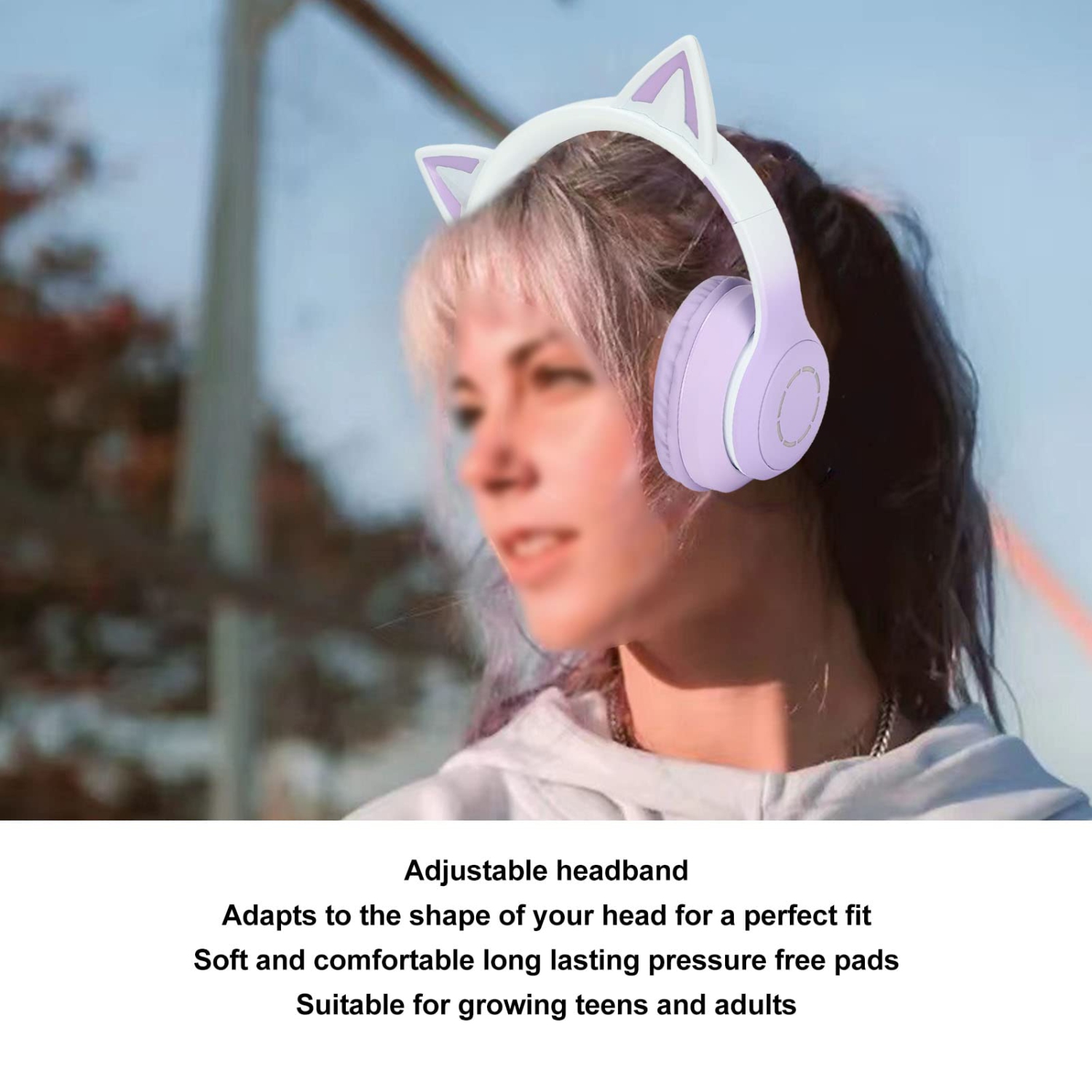 LED Light Up Cat Ear Gaming Headphones,Wireless Foldable Headphones with Microphone-purple