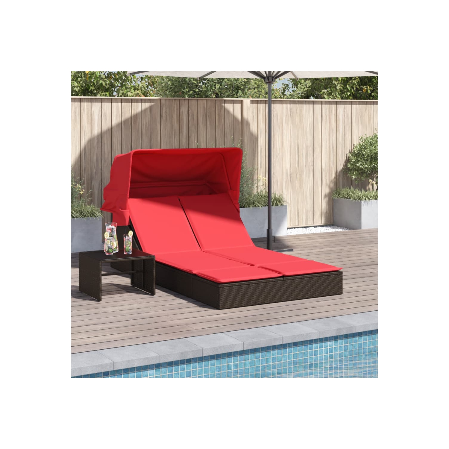 vidaXL Double Sun Lounger with Canopy and Cushions Brown Poly Rattan