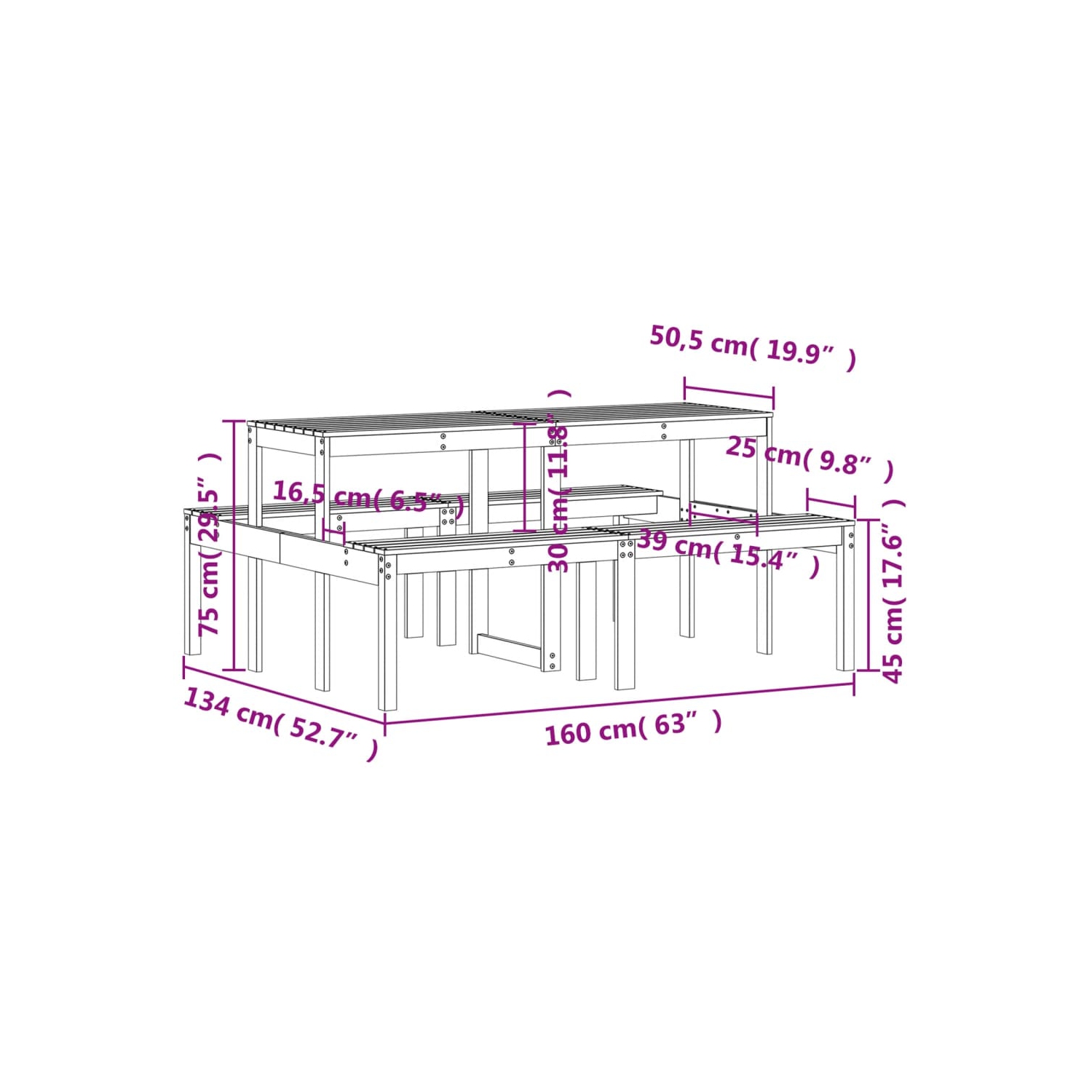 vidaXL Picnic Table 160x134x75 cm Solid Wood Pine