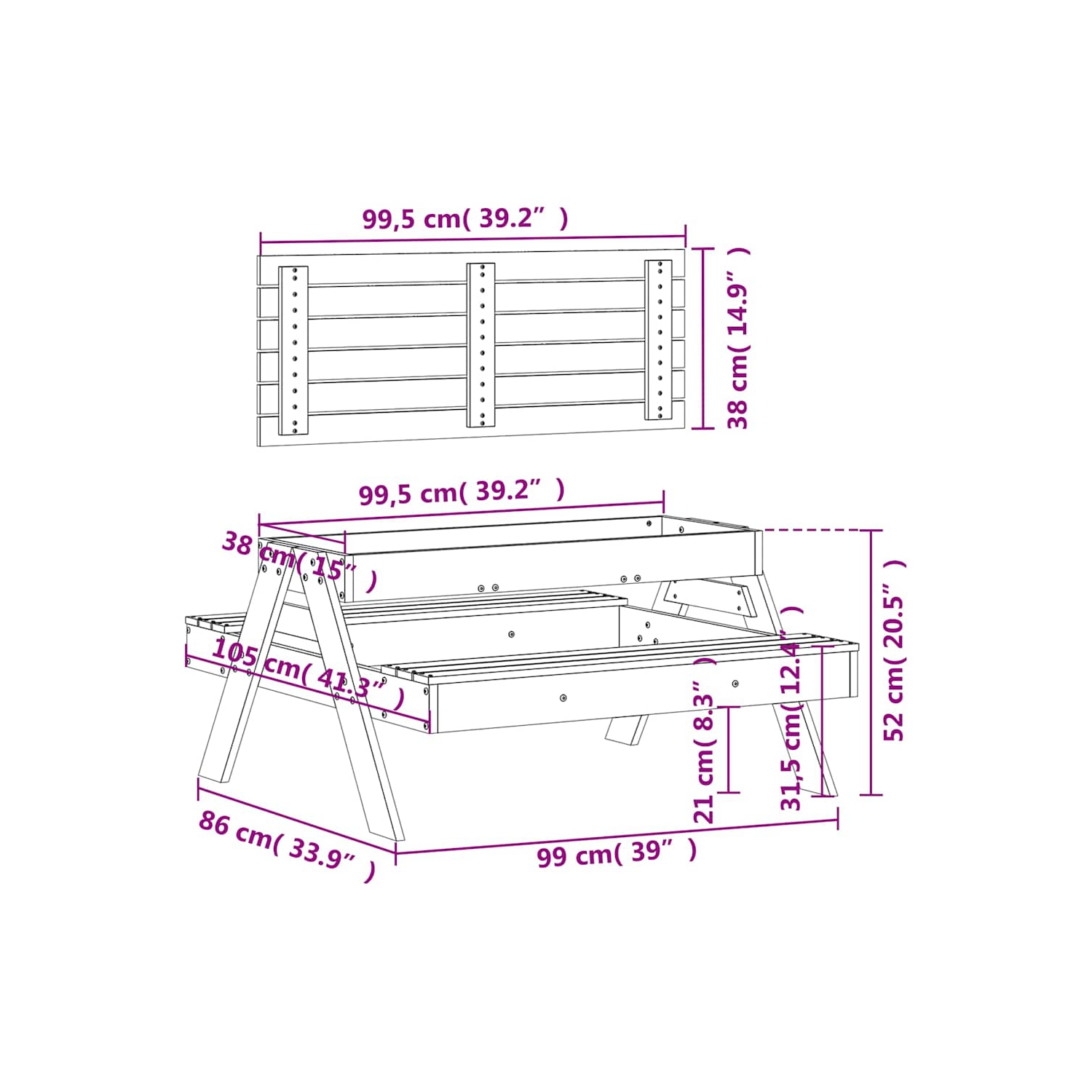 vidaXL Picnic Table with Sandpit for Kids Solid Wood Pine