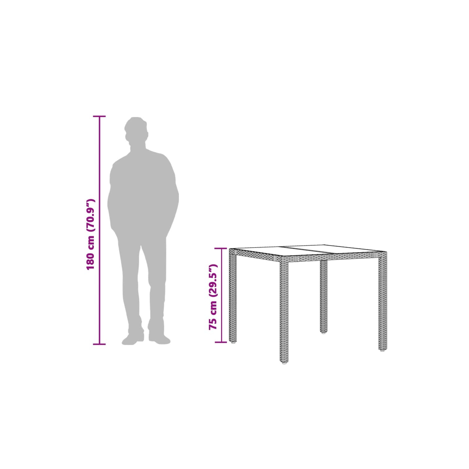 Table de jardin vidaXL avec surface en verre 90 x 90 x 75 cm gris poly rotin