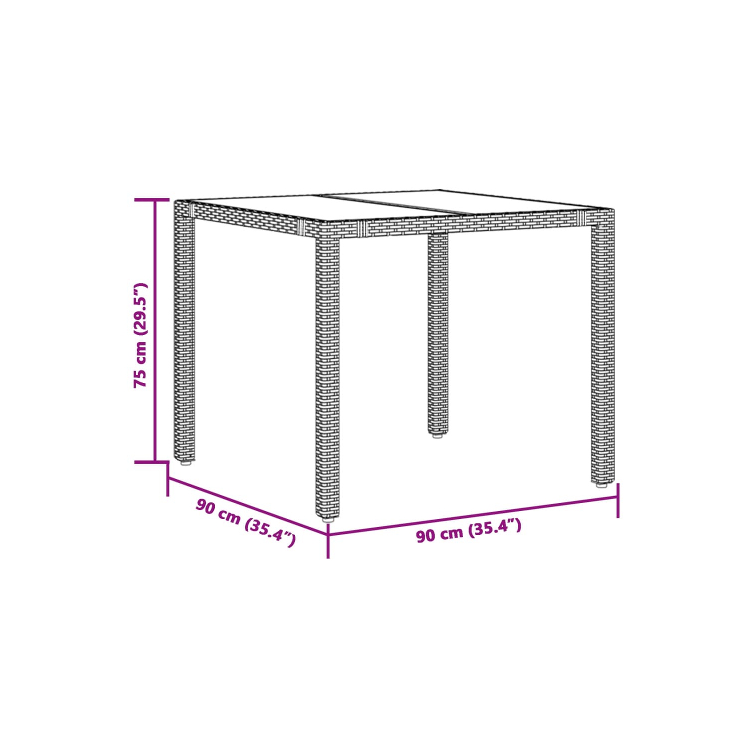 Table de jardin vidaXL avec surface en verre 90 x 90 x 75 cm gris poly rotin