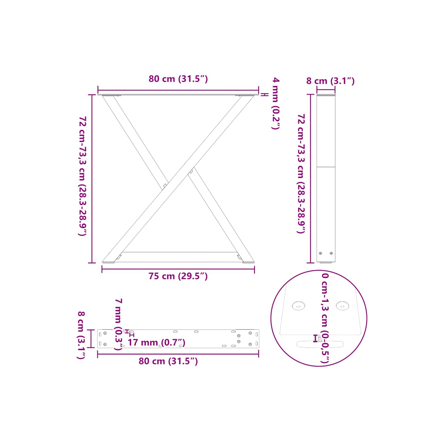 Pieds de table vidaXL 2 pièces Noir 80 x cm Acier