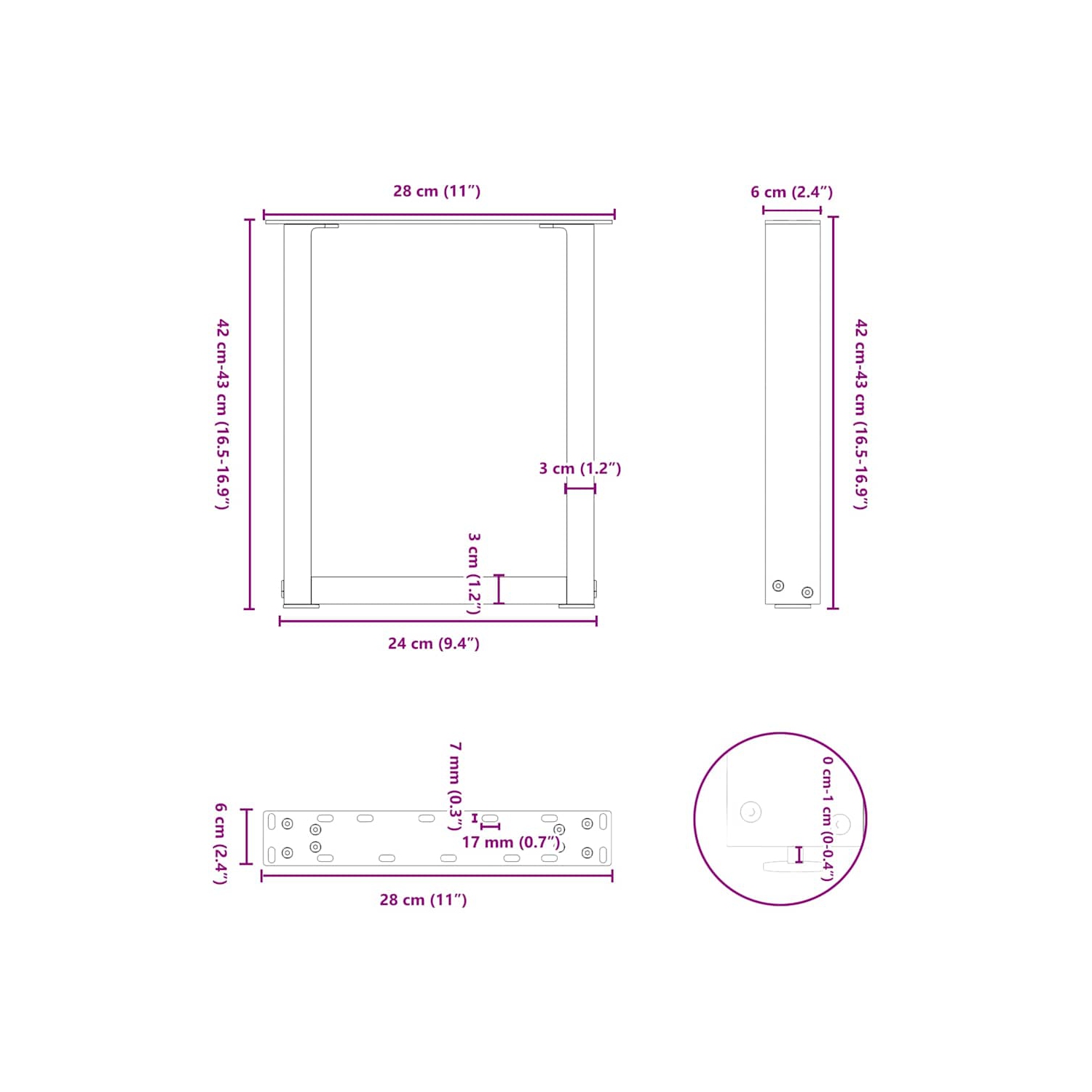 vidaXL Coffee Table Legs U-Shaped 2 pcs Black 28x(42-43) cm Steel