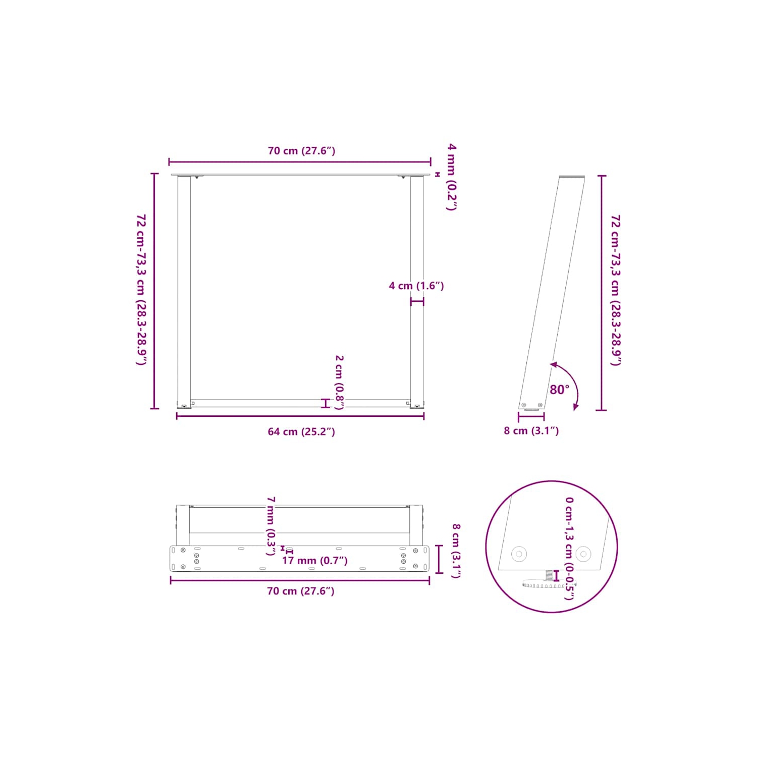 vidaXL Dining Table Legs U-Shaped 2 pcs Black 70x(72-73) cm Steel