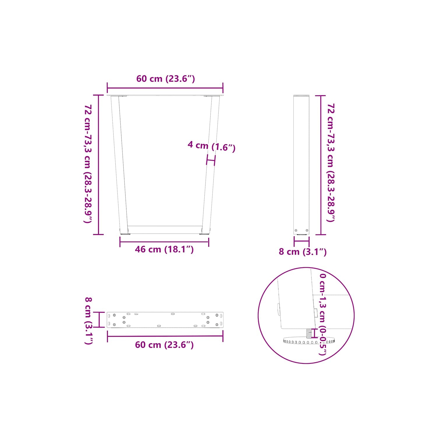 vidaXL Dining Table Legs V-Shape 2 pcs Black 60x(72-73.3) cm Steel