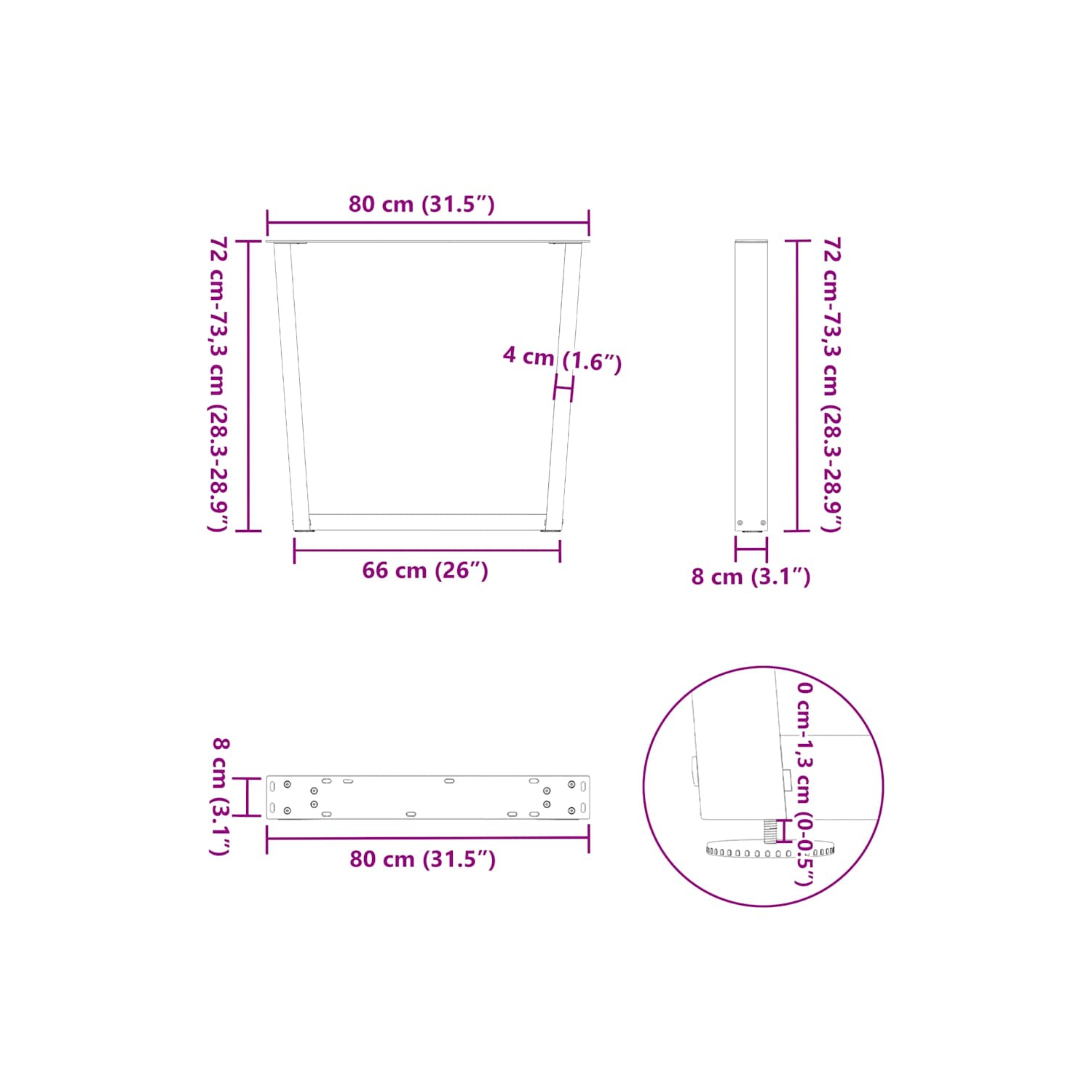 vidaXL Dining Table Legs V-Shape 2 pcs Black 80x(72-73.3) cm Steel