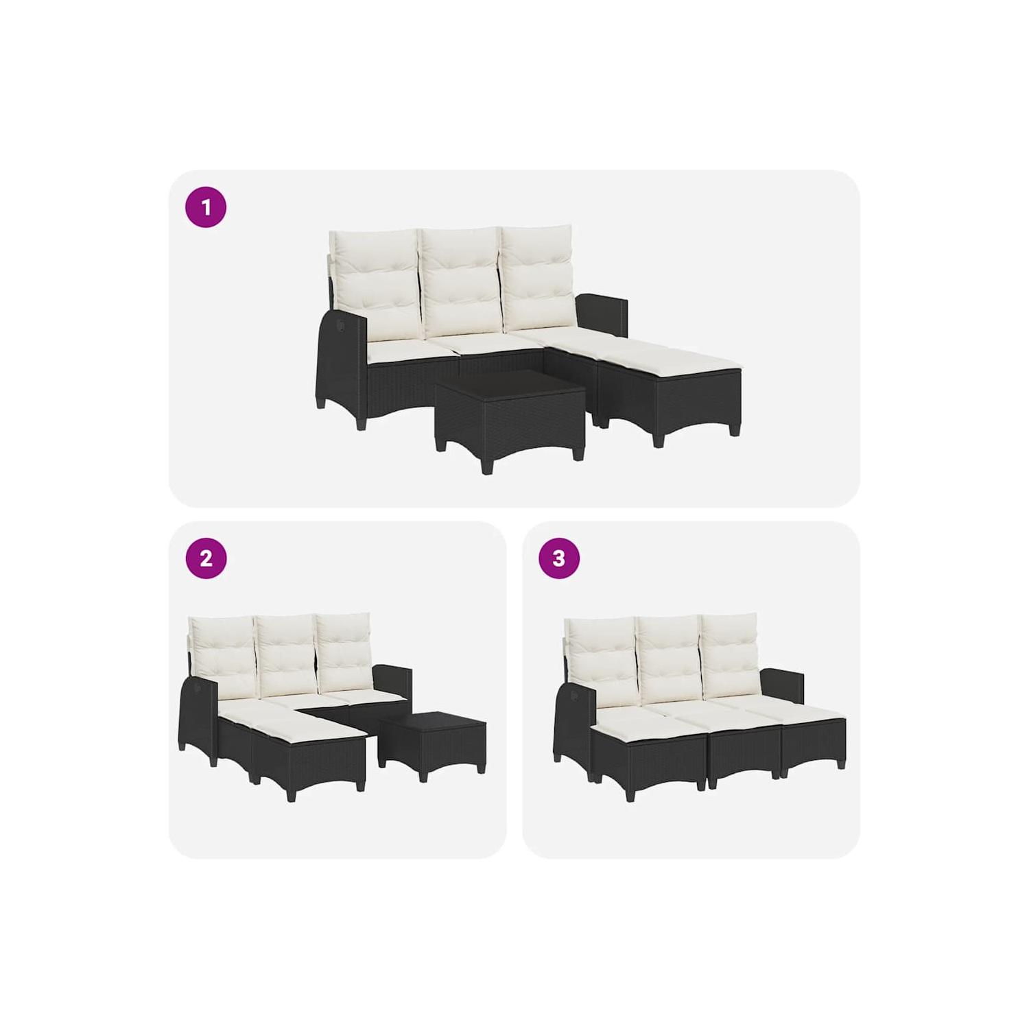 Ensemble de 3 pièces avec canapé de jardin et coussins en L en poly rotin noir VidaXL