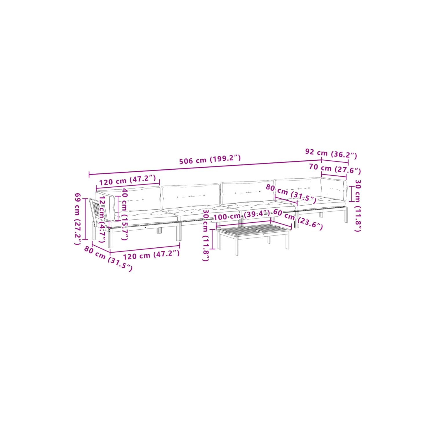 Ensemble de 5 pièces avec canapé-palette et coussins en bois massif d'acacia VidaXL