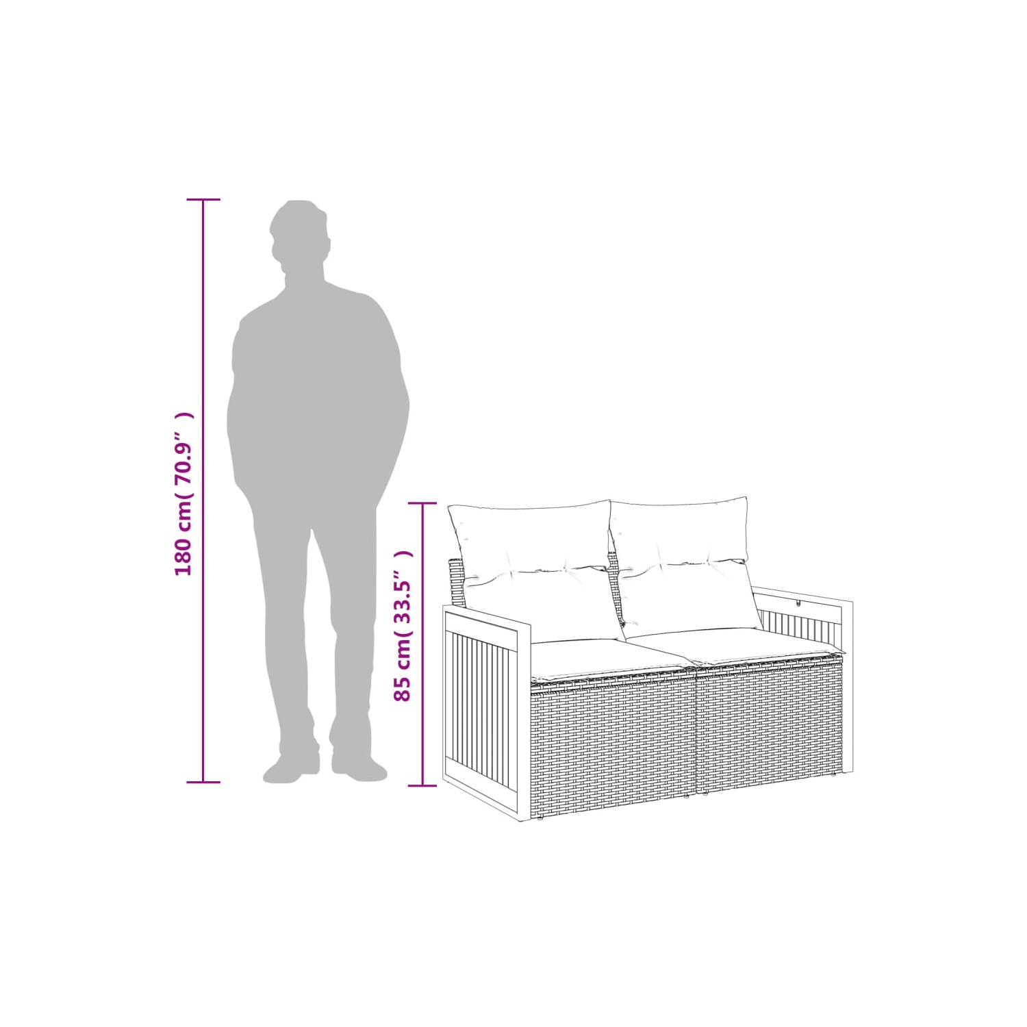 Divan de jardin vidaXL avec coussins 2 places en poly rotin noir