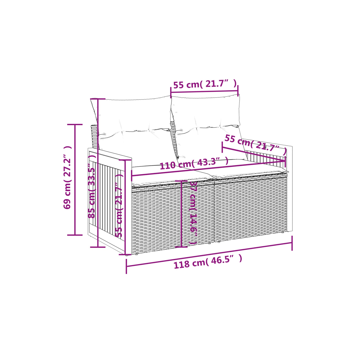 Divan de jardin vidaXL avec coussins 2 places en poly rotin noir