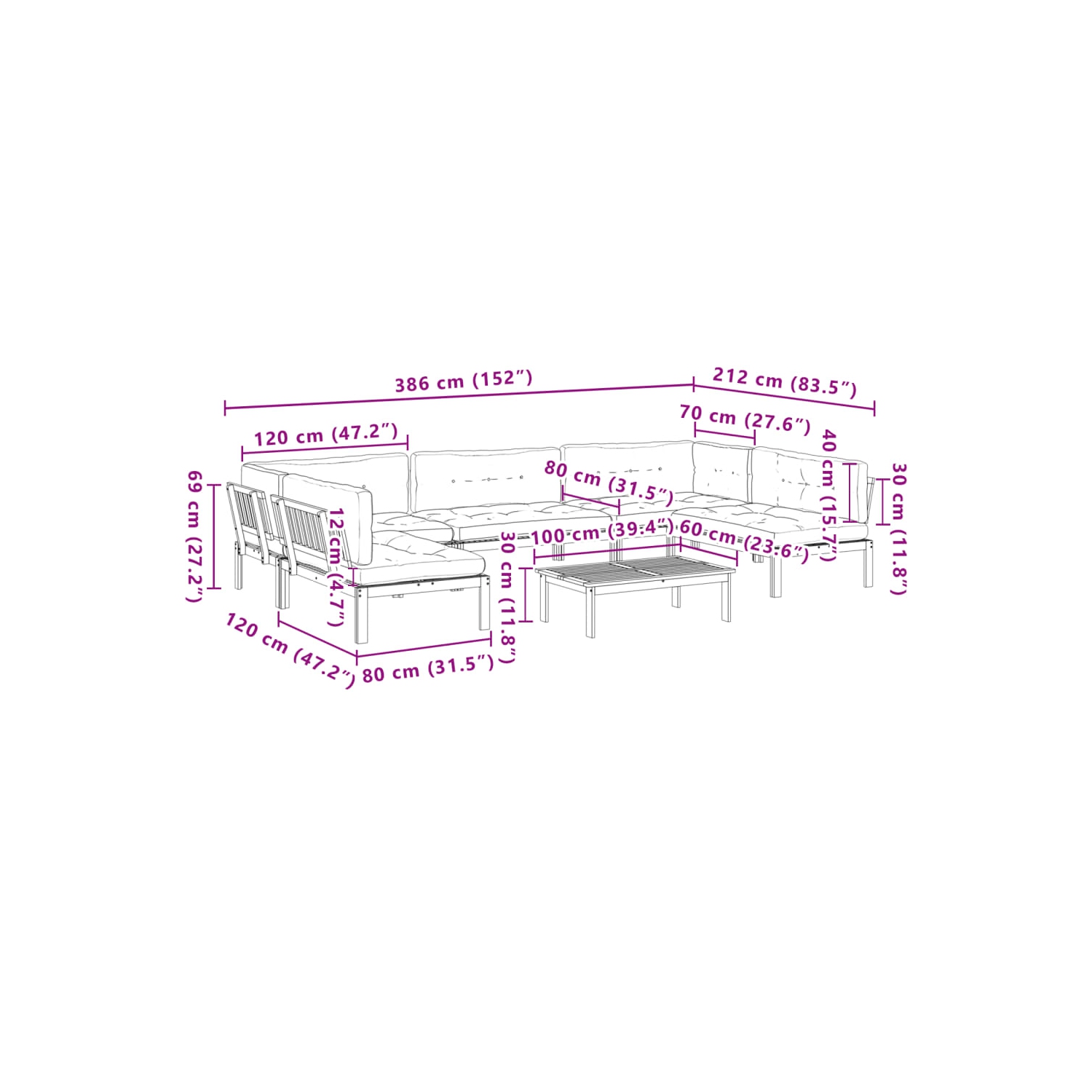 Ensemble de 6 pièces avec canapé-palette et coussins en bois massif d'acacia VidaXL