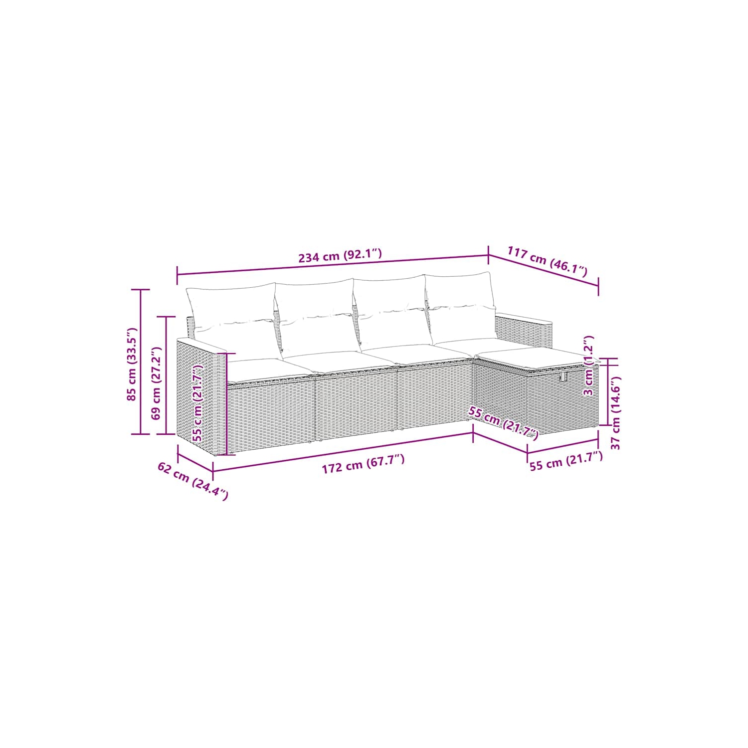 Ensemble de 5 pièces avec canapé de jardin et coussins en rotin de polyester noir VidaXL