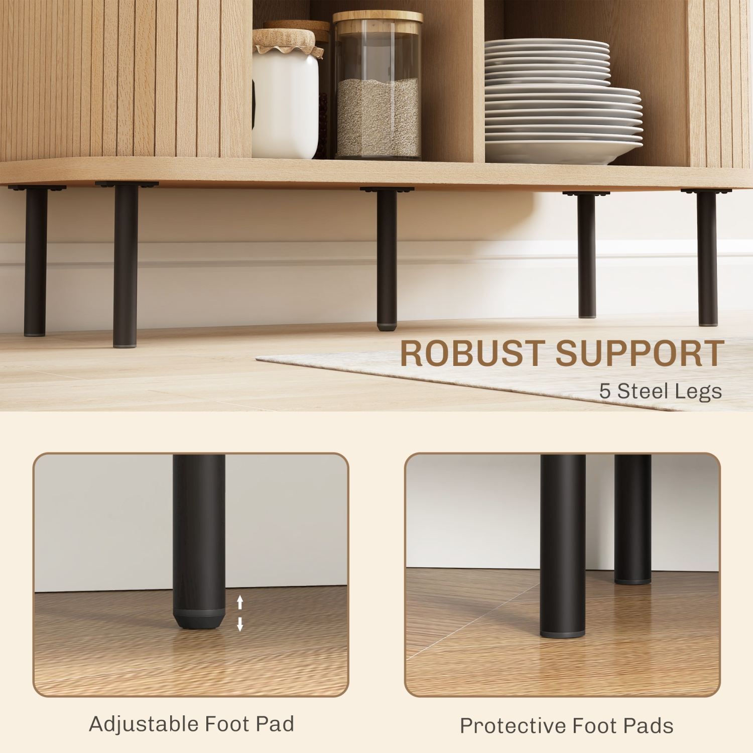 HOMCOM – Buffet de 35,4&nbsp;po avec rangement, armoire basse nordique avec portes tambours à lattes et pattes en métal, bahut de cuisine, chêne