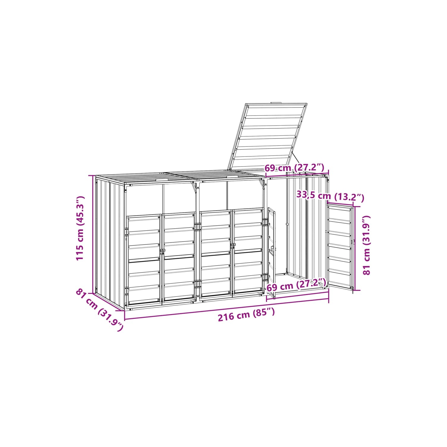 vidaXL Wheelie Bin Storage for Triple Bins Grey 216x81x115 cm Steel