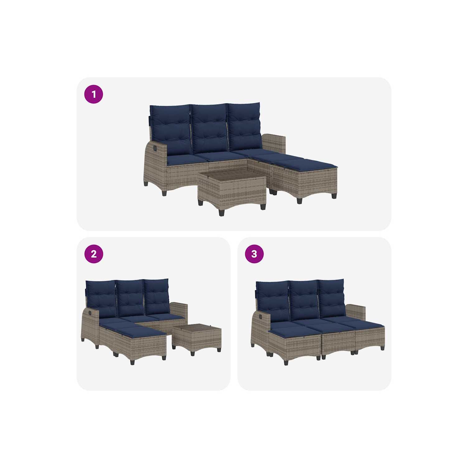 vidaXL 3 Piece Garden Sofa Set with Cushions L-shaped Grey Poly Rattan