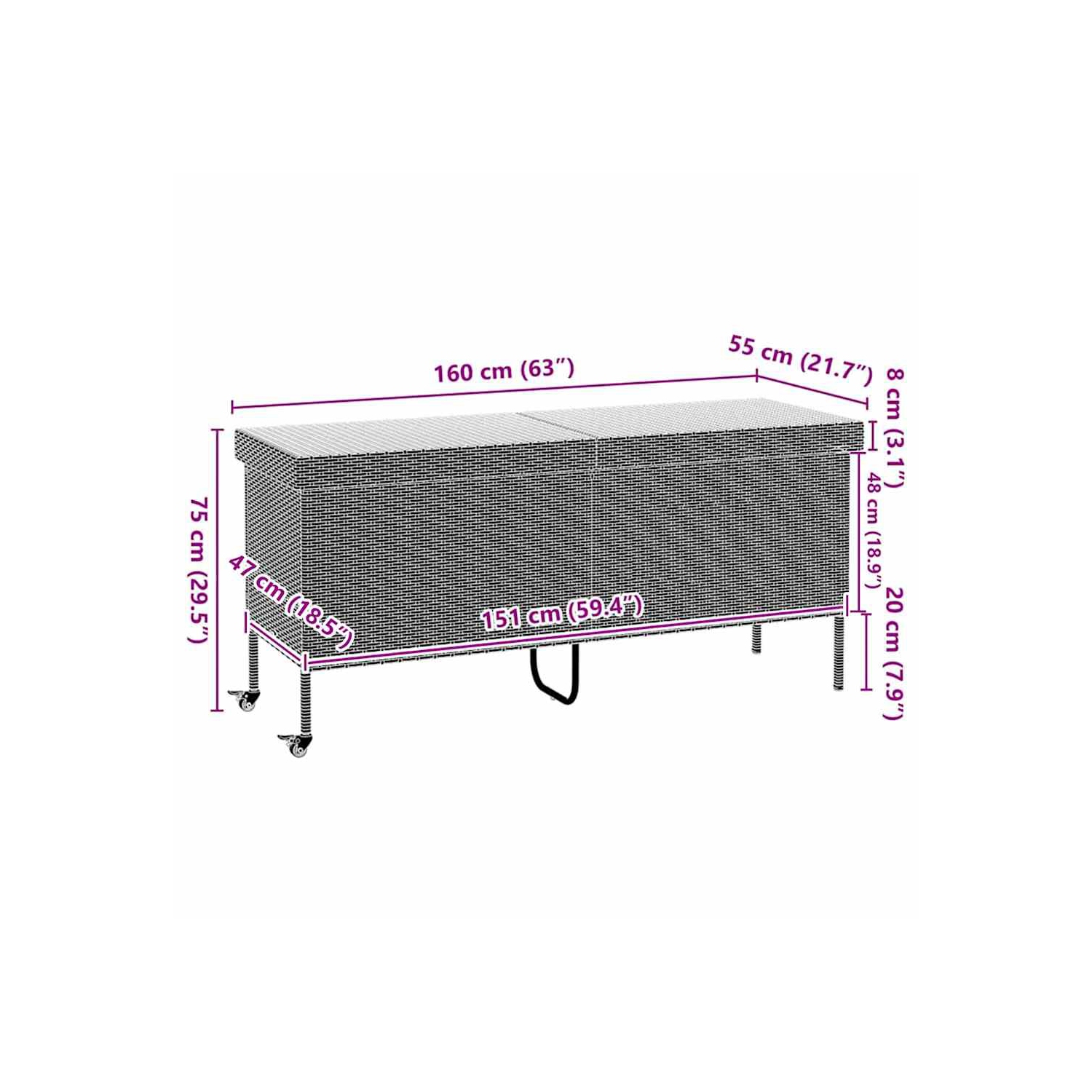 VidaXL – Boîte de rangement de jardin à roulettes en poly 160 x 55 x 75&nbsp;cm noir