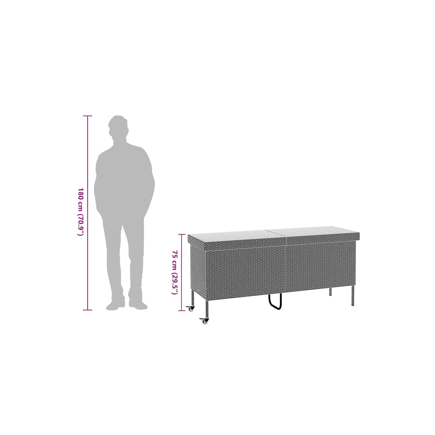 Boîte de rangement de jardin vidaXL avec roulettes en rotin synthétique 160 x 55 x 75&nbsp;cm gris