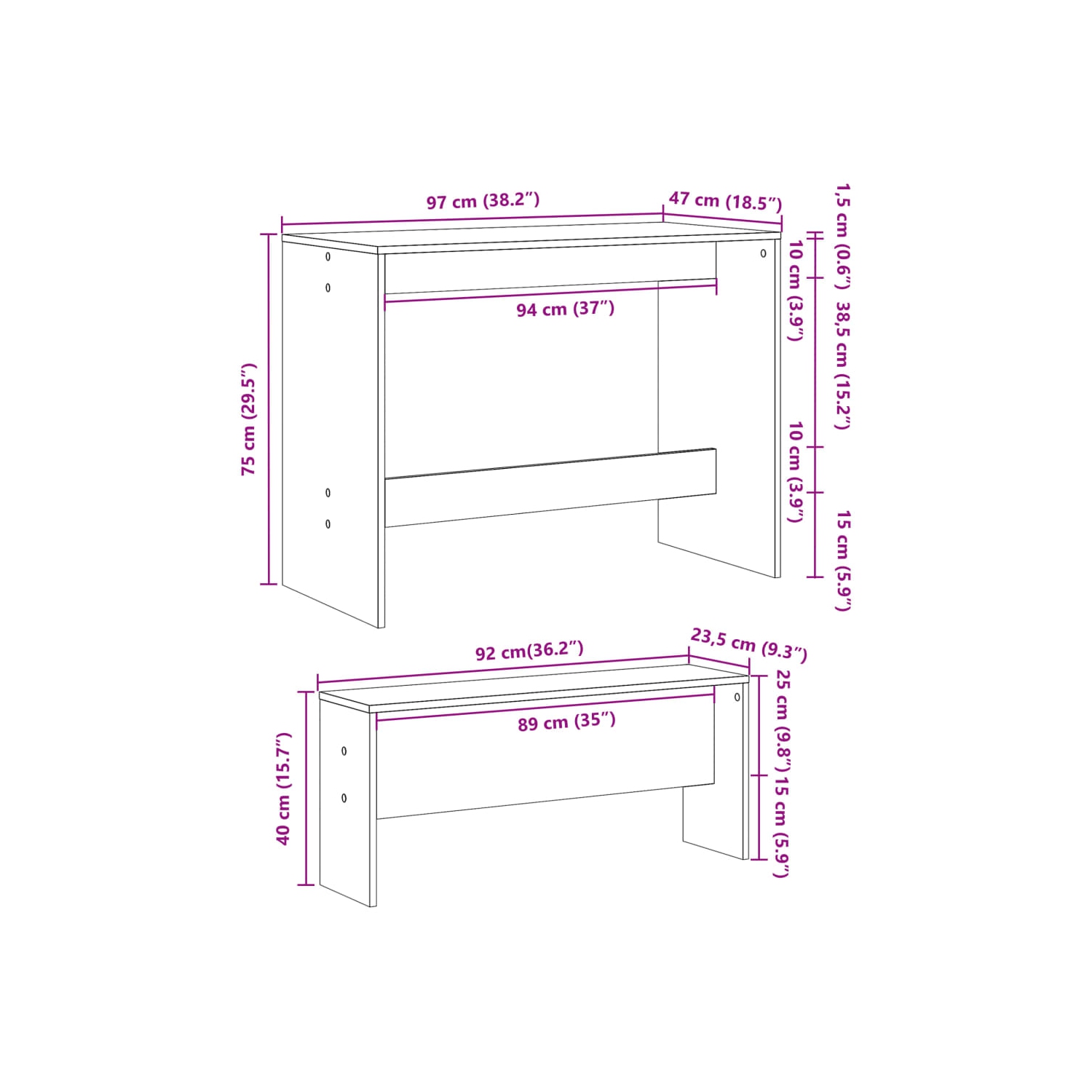 vidaXL 3 Piece Dining Table and Bench set Smoked Oak Engineered Wood