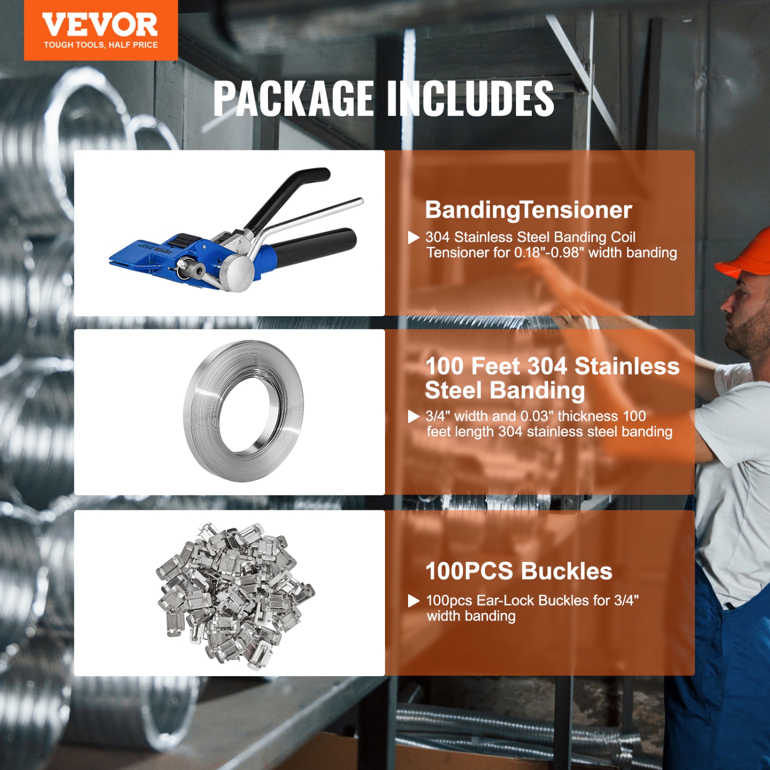 VEVOR 100 ft Length Banding Strapping Kit with Strapping Tensioner Tool, 304 Stainless Steel Banding, 100 Metal Seals, Pallet Packaging Strapping