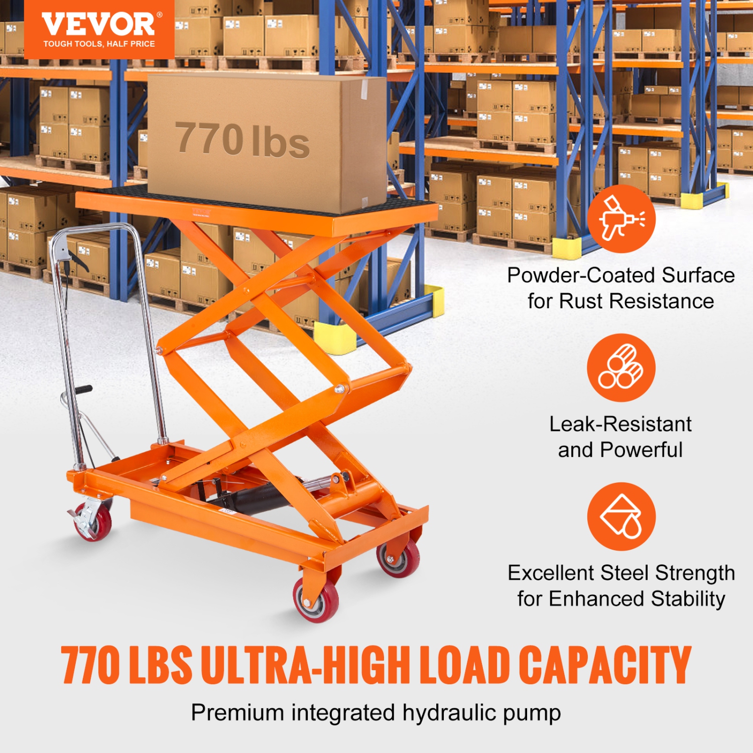 VEVOR Hydraulic Lift Table Cart, 770lbs Capacity 59" Lifting Height, Manual Double Scissor Lift Table with 4 Wheels and Non-slip Pad, Hydraulic