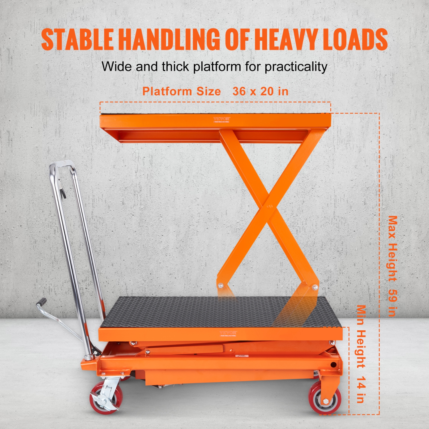 VEVOR Hydraulic Lift Table Cart, 770lbs Capacity 59" Lifting Height, Manual Double Scissor Lift Table with 4 Wheels and Non-slip Pad, Hydraulic