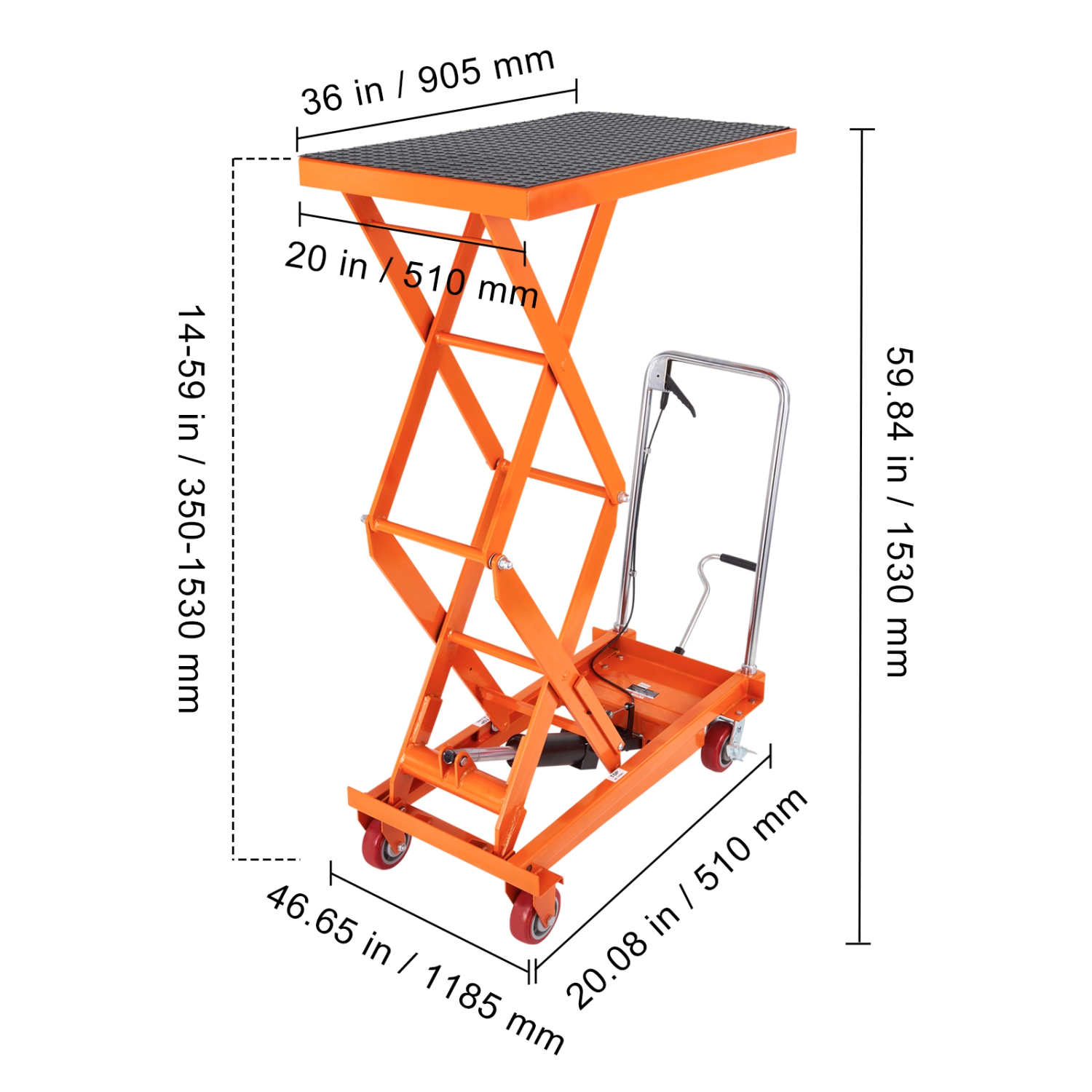 VEVOR Hydraulic Lift Table Cart, 770lbs Capacity 59" Lifting Height, Manual Double Scissor Lift Table with 4 Wheels and Non-slip Pad, Hydraulic