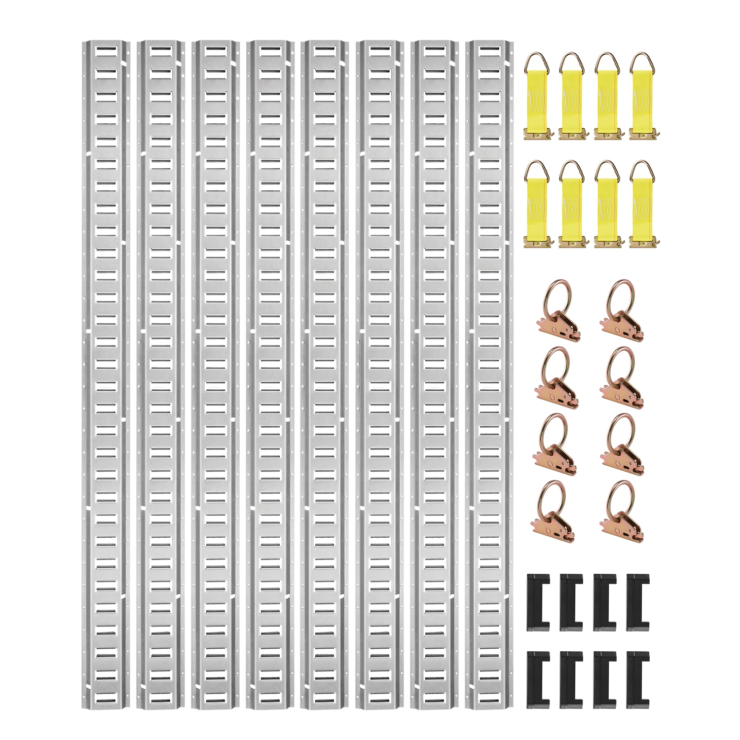 VEVOR 32PCS 5' E Track Tie-Down Rail Kit, E-Tracks Set Includes 8 Steel Rails & 8 O-Rings & 8 Tie-Offs with D-Ring & 8 End Caps, Trailer Securing