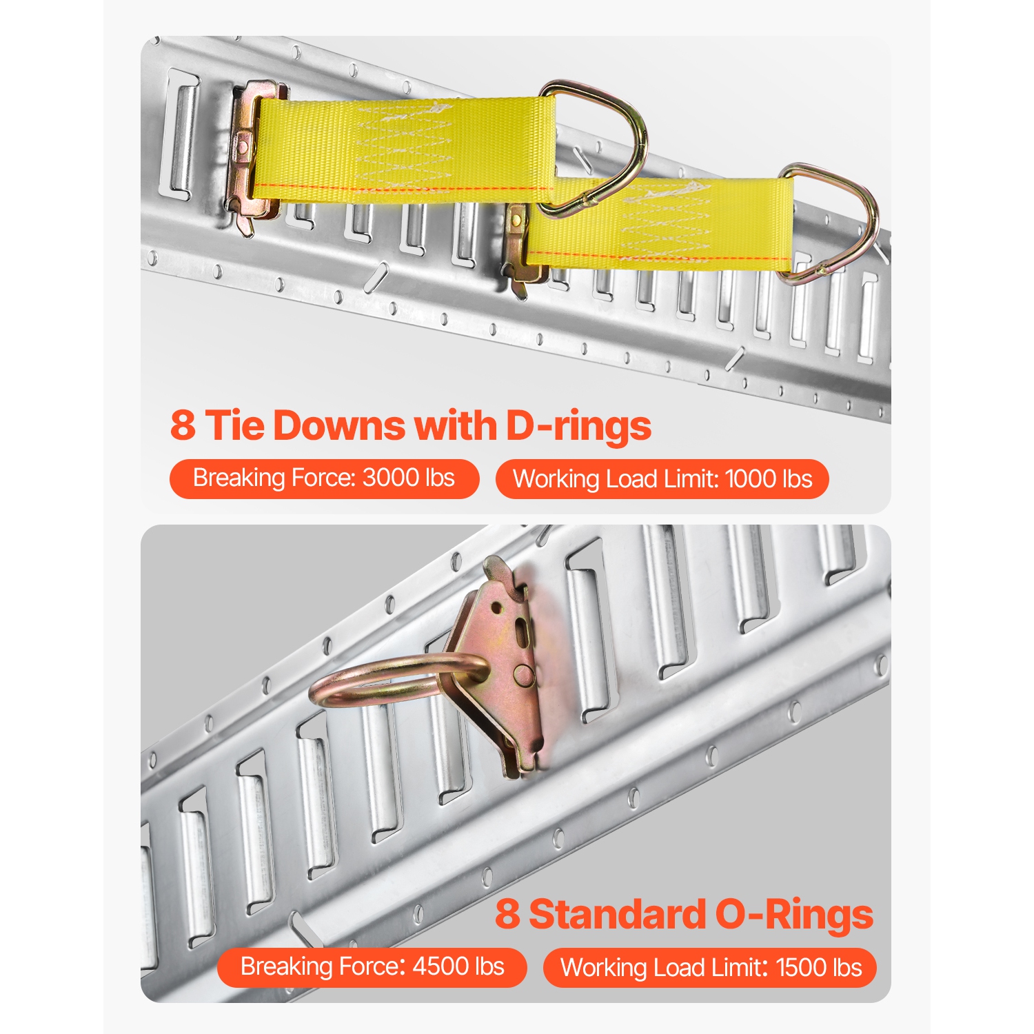 VEVOR 32PCS 5' E Track Tie-Down Rail Kit, E-Tracks Set Includes 8 Steel Rails & 8 O-Rings & 8 Tie-Offs with D-Ring & 8 End Caps, Trailer Securing