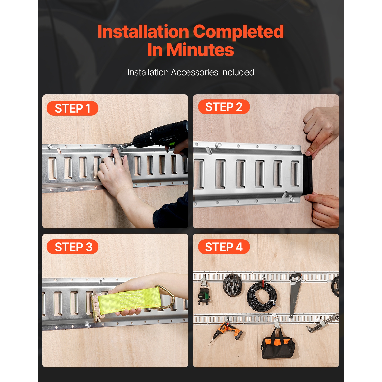 VEVOR 32PCS 5' E Track Tie-Down Rail Kit, E-Tracks Set Includes 8 Steel Rails & 8 O-Rings & 8 Tie-Offs with D-Ring & 8 End Caps, Trailer Securing