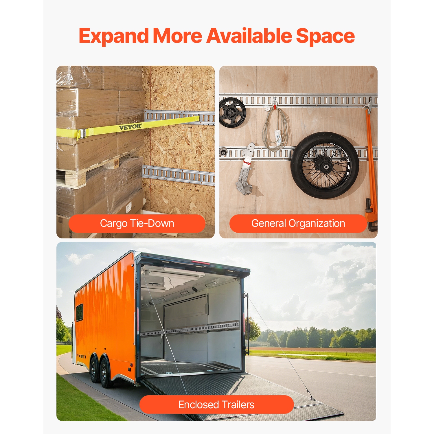 VEVOR 32PCS 5' E Track Tie-Down Rail Kit, E-Tracks Set Includes 8 Steel Rails & 8 O-Rings & 8 Tie-Offs with D-Ring & 8 End Caps, Trailer Securing