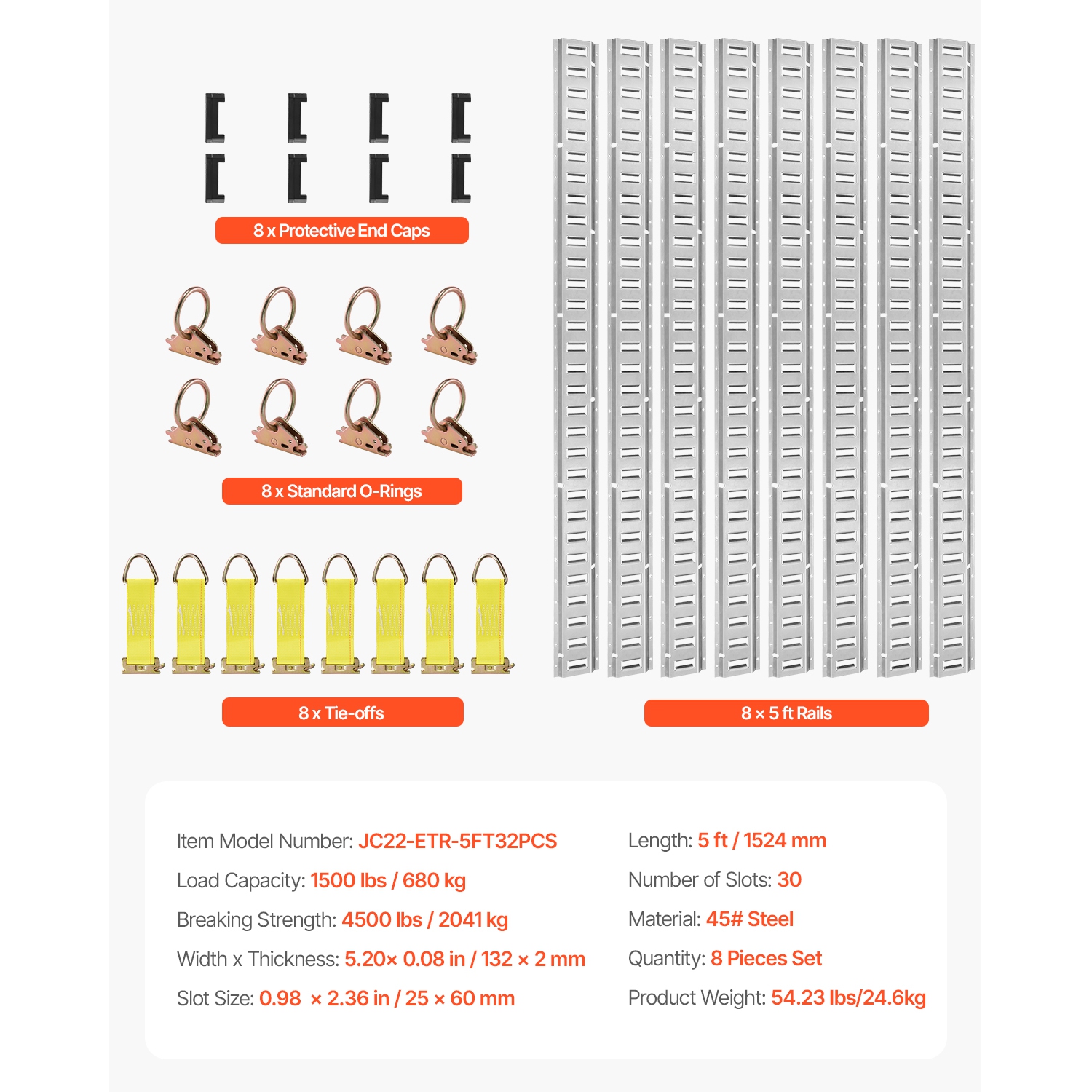 VEVOR 32PCS 5' E Track Tie-Down Rail Kit, E-Tracks Set Includes 8 Steel Rails & 8 O-Rings & 8 Tie-Offs with D-Ring & 8 End Caps, Trailer Securing
