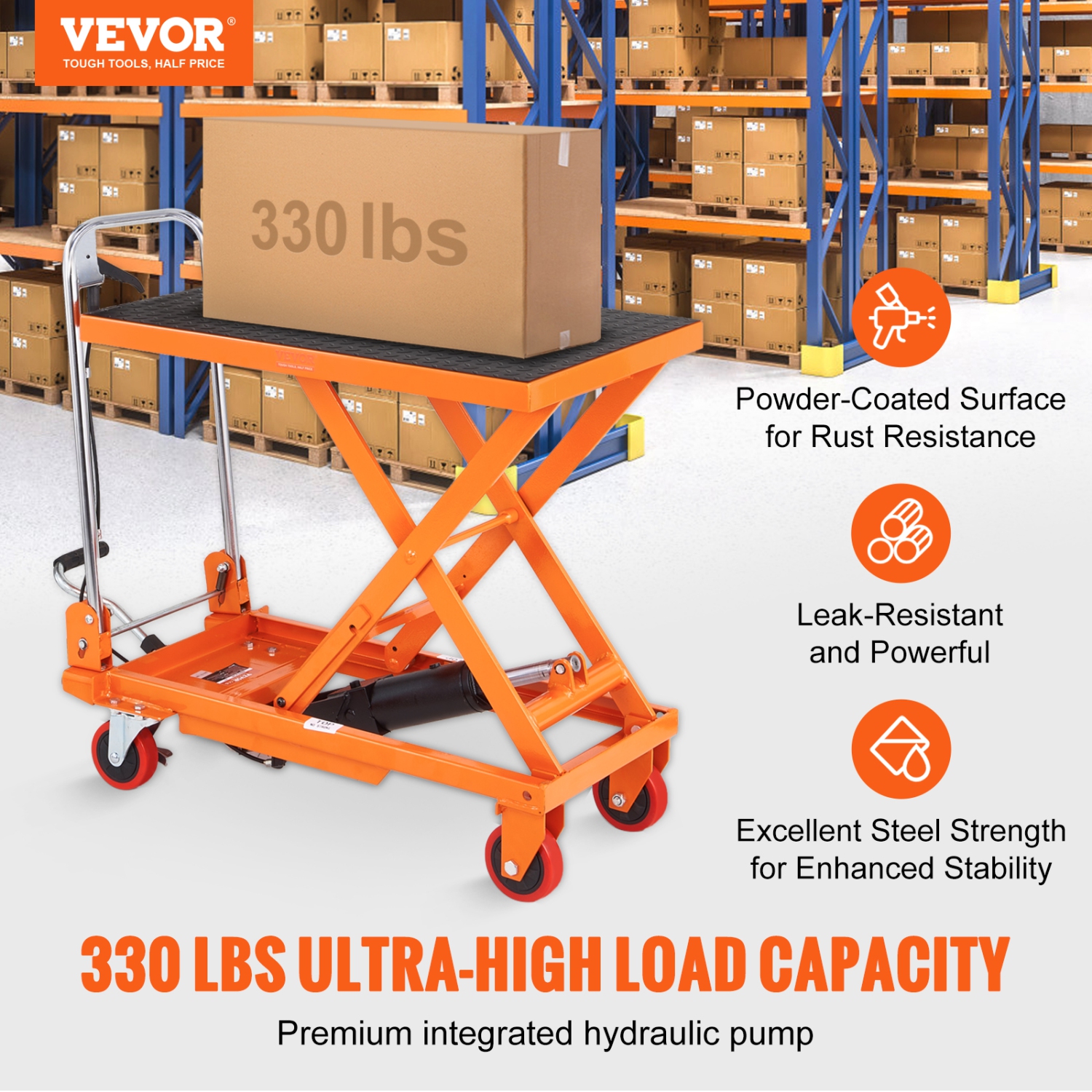 VEVOR Hydraulic Lift Table Cart, 330lbs Capacity 28.5" Lifting Height, Manual Single Scissor Lift Table with 4 Wheels and Non-slip Pad,Hydraulic