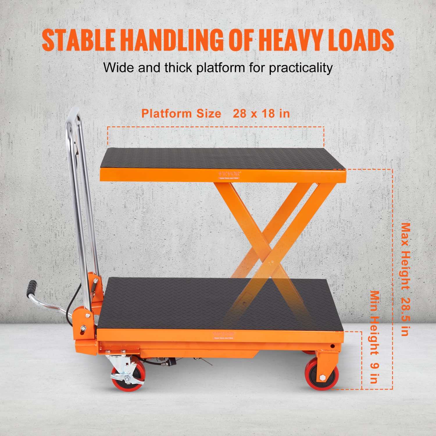 VEVOR Hydraulic Lift Table Cart, 330lbs Capacity 28.5" Lifting Height, Manual Single Scissor Lift Table with 4 Wheels and Non-slip Pad,Hydraulic