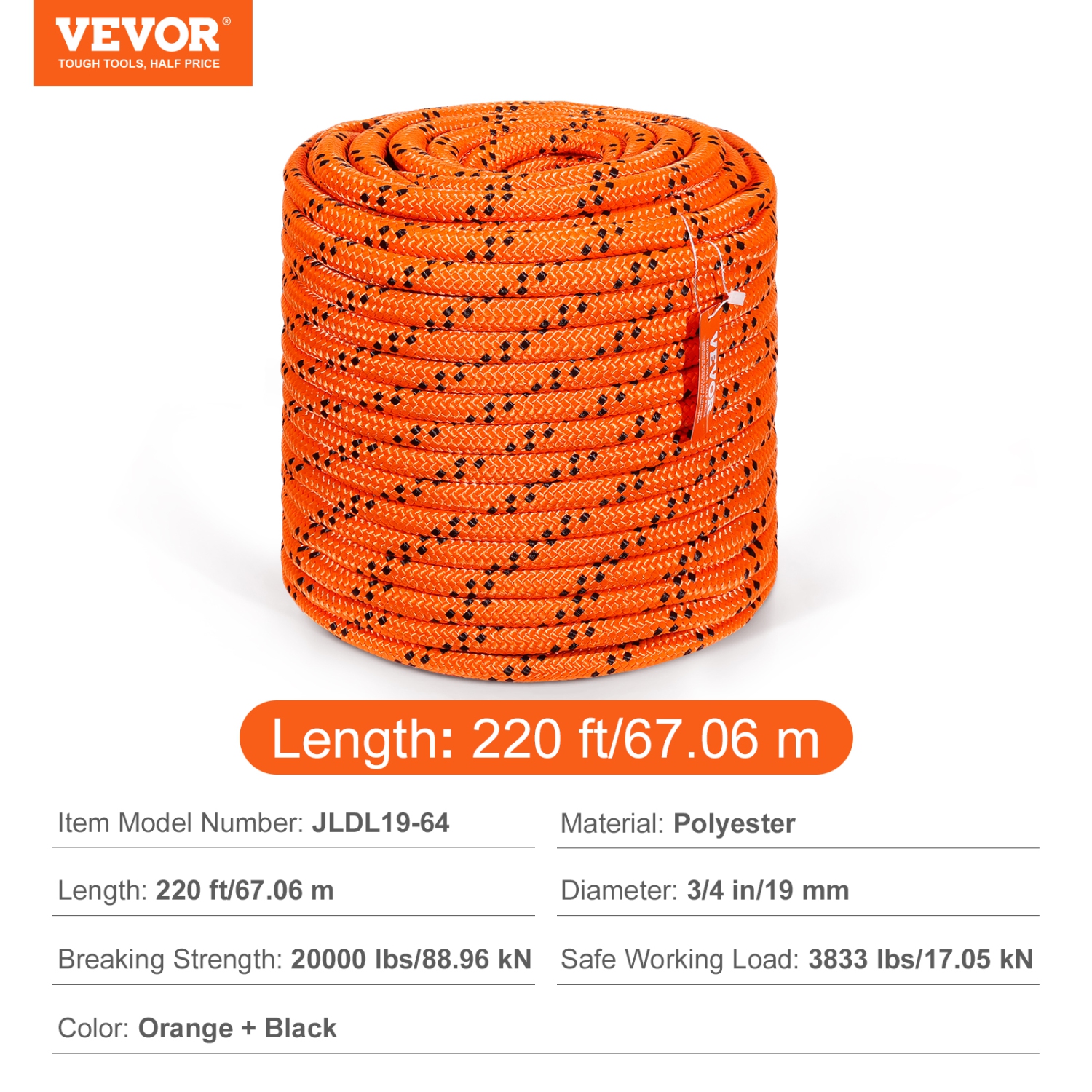 VEVOR 3/4 in x 220 ft Double Braided Polyester Rope, 24 Strands, 12700 LBS Breaking Strength Outdoor Rope, Arborist Rigging Rope for Rock Hiking