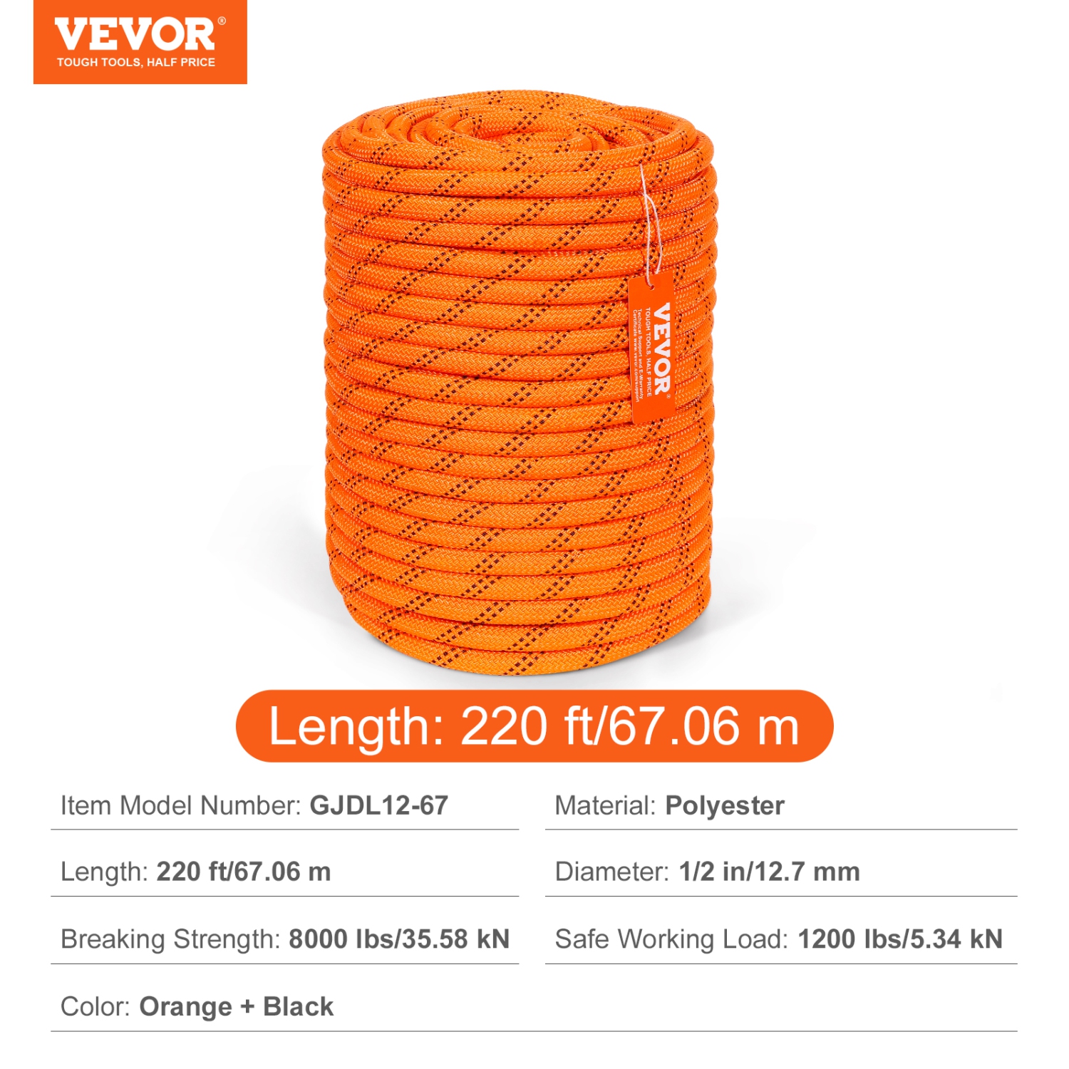 VEVOR 48-Strand Dual-Weave Polyester Cord, 1/2 inch x 220 feet, 8000 LBS Tensile Strength, Multi-Use Outdoor Rope for Camping, Swinging, Rappelling,