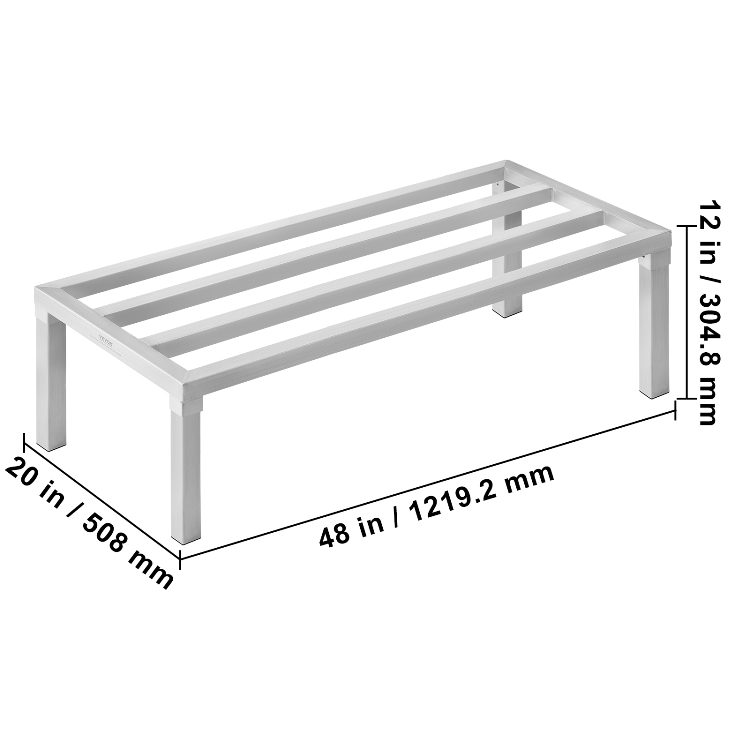 VEVOR 48” x 20” Aluminum Dunnage Rack, Commercial Food Floor Rack, 12” Off the Floor, 1800 lbs Capacity All-Welded Aluminum Storage Rack, for Storage