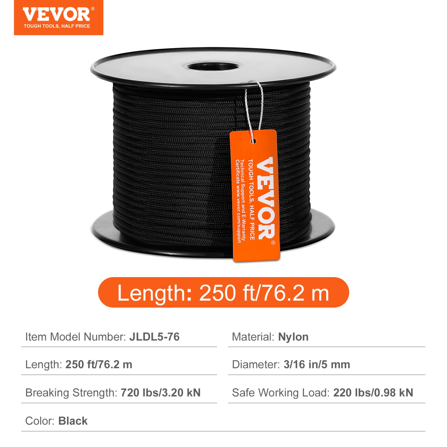 VEVOR 32-Strand Braided Nylon Cord, 3/16 inch by 250 feet, 720 LBS Tensile Strength, Multi-Purpose Black Rope for Outdoor, Tree Work, Hiking,