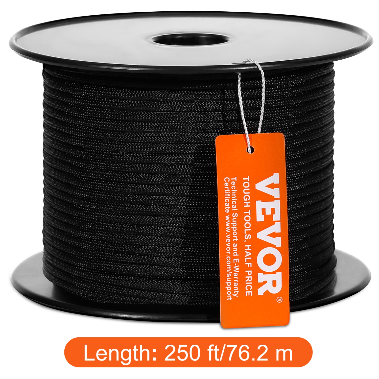 VEVOR 32-Strand Braided Nylon Cord, 3/16 inch by 250 feet, 720 LBS Tensile Strength, Multi-Purpose Black Rope for Outdoor, Tree Work, Hiking,