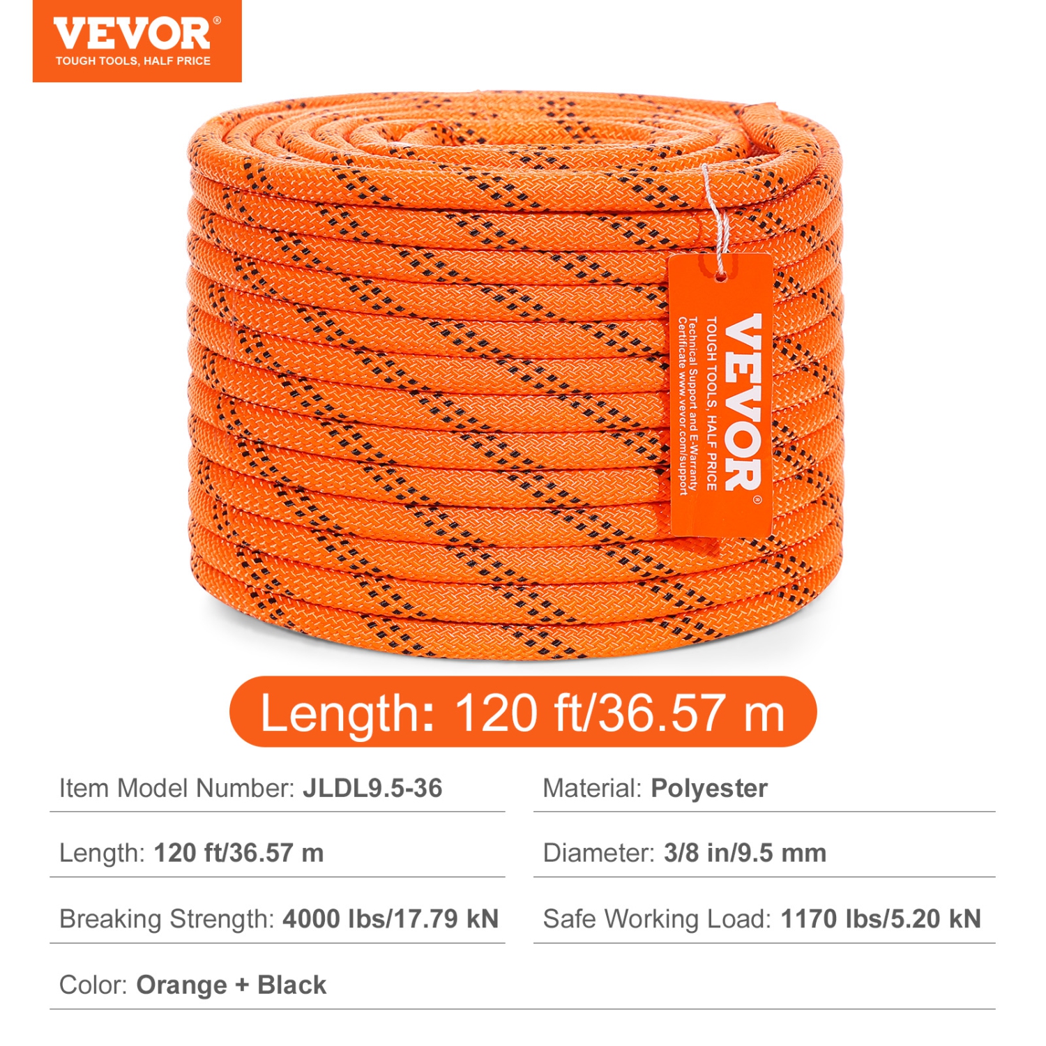 VEVOR 48-Strand Dual-Weave Polyester Cord, 3/8 inch by 120 feet, 4000 Pound Tensile Strength, Multi-Use Rope for Arborist Activities, and Outdoor