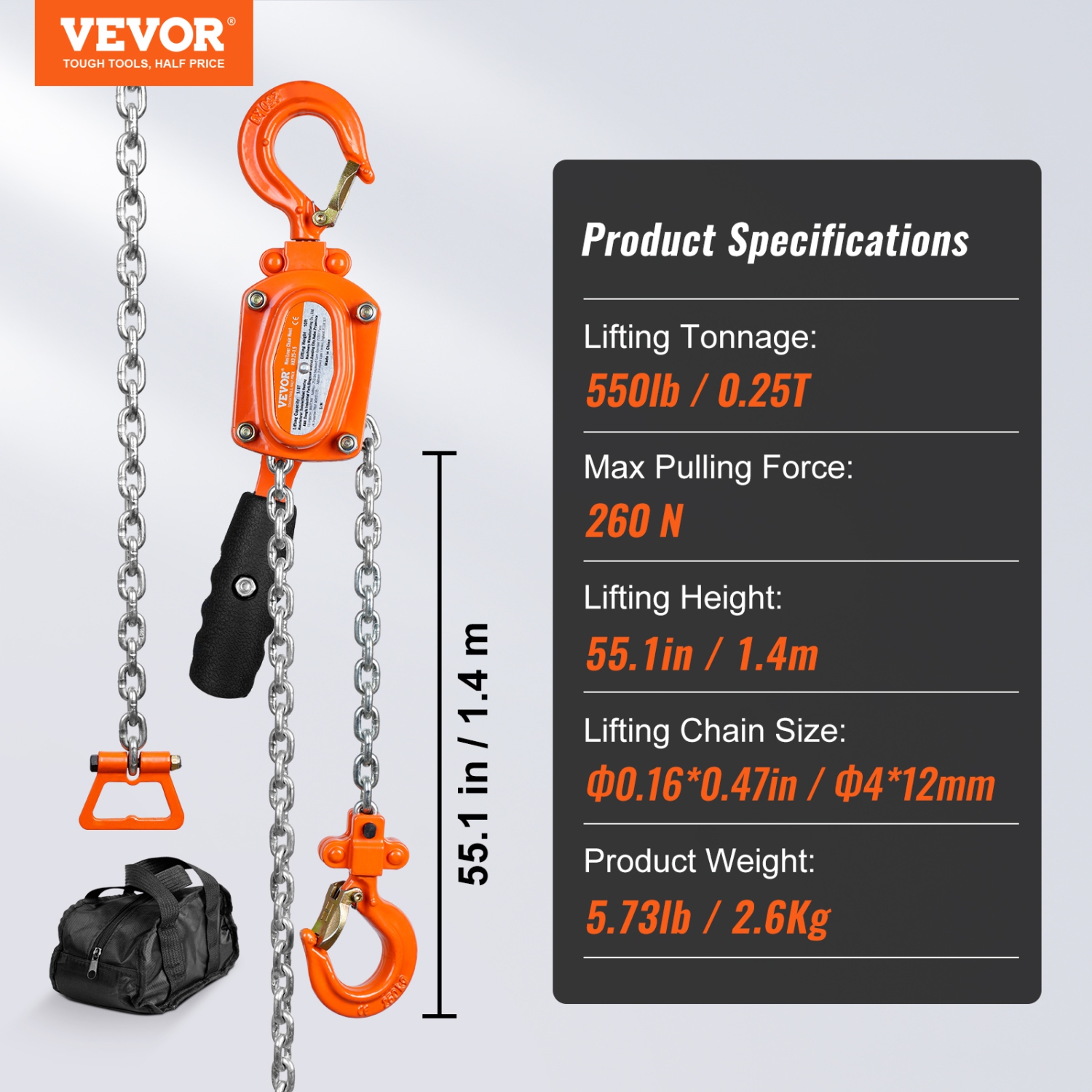VEVOR 1/4 Ton Manual Lever Chain Hoist, 550 lbs Capacity 5 FT Come Along, G80 Galvanized Carbon Steel with Weston Double-Pawl Brake, Auto Chain