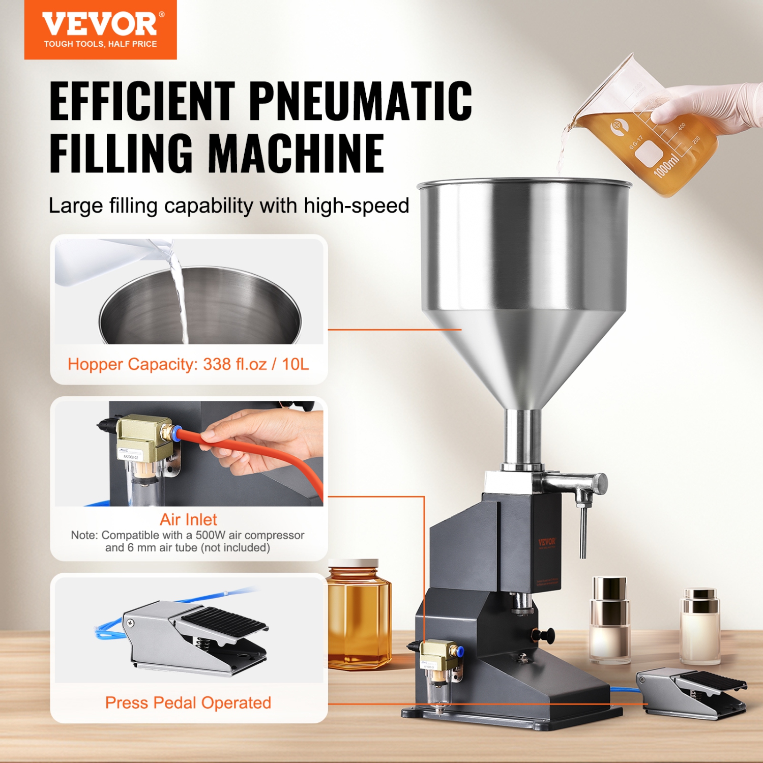 VEVOR Pneumatic Paste Liquid Filling Machine, 5-50ml Bottle Filler, Bottle Filling Machine, Stainless Steel Liquid Filler with Pedal for Milk Water