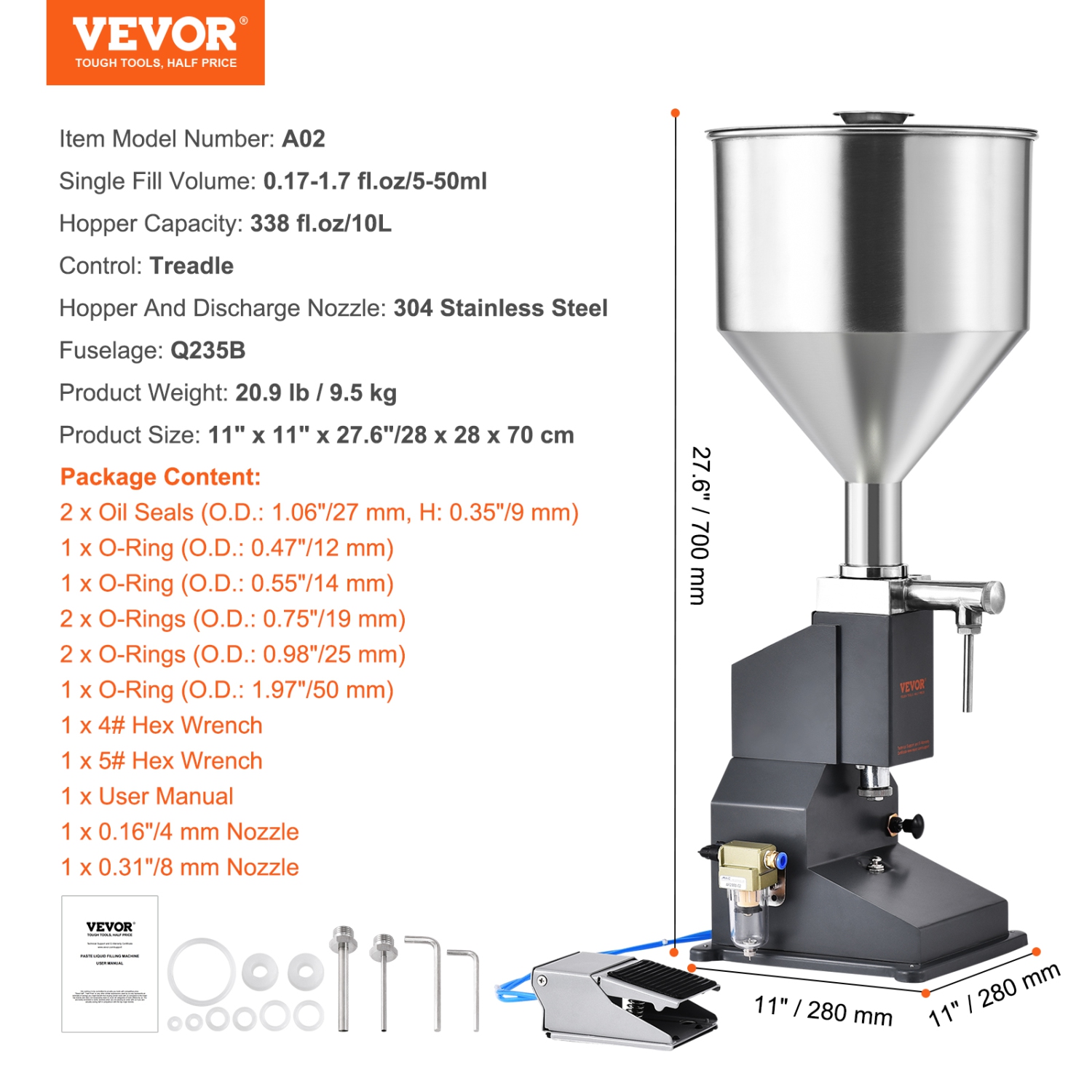 VEVOR Pneumatic Paste Liquid Filling Machine, 5-50ml Bottle Filler, Bottle Filling Machine, Stainless Steel Liquid Filler with Pedal for Milk Water