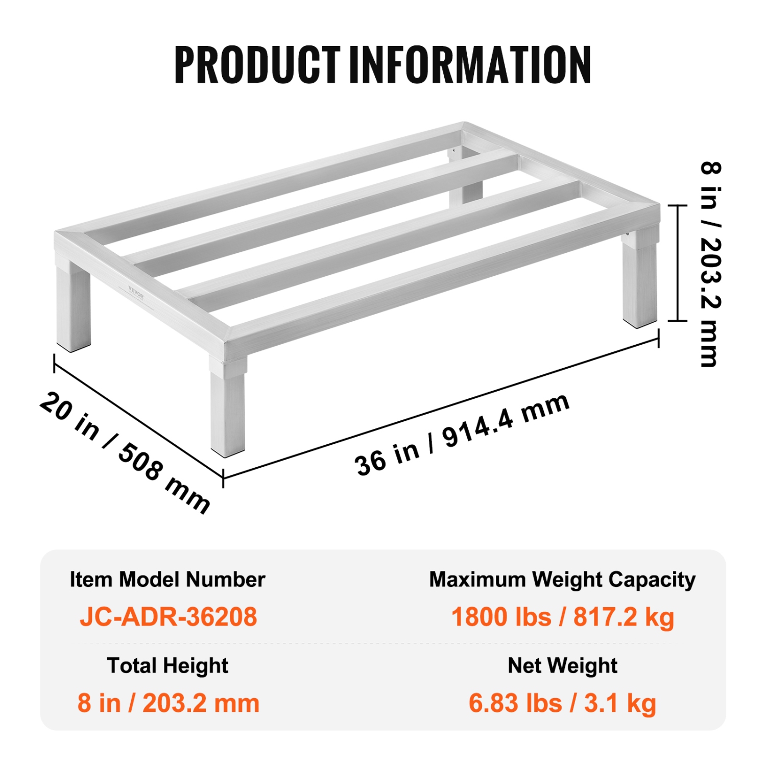 VEVOR 36” x 20” Aluminum Dunnage Rack, Commercial Food Floor Rack, 8” Off the Floor, 1800 lbs Capacity All-Welded Aluminum Storage Rack, for Storage