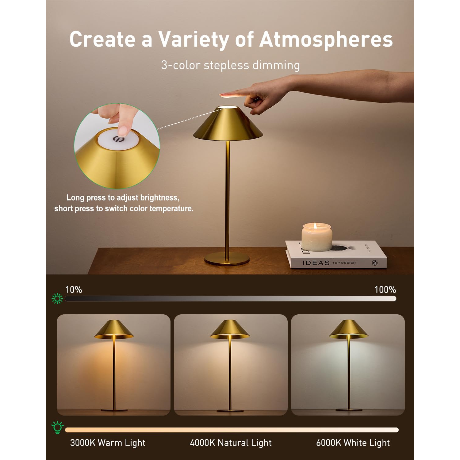 Lampe de table sans fil dorée, lampe tactile rechargeable avec gradation à 3 couleurs pour la chambre à coucher/le salon